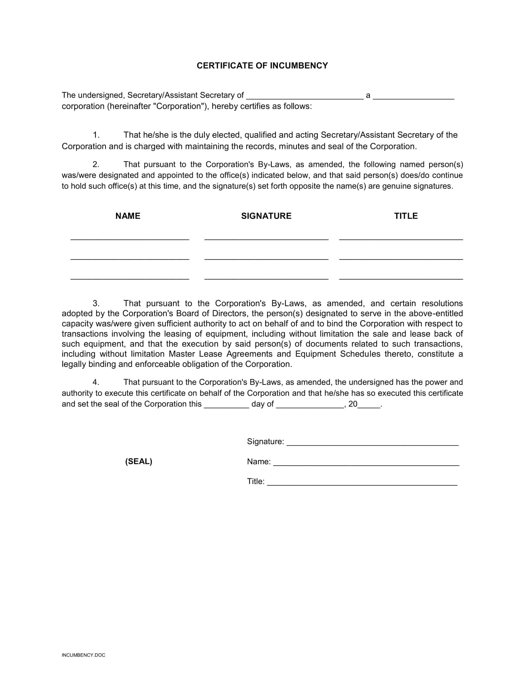 certification of incumbency certification of incumbency