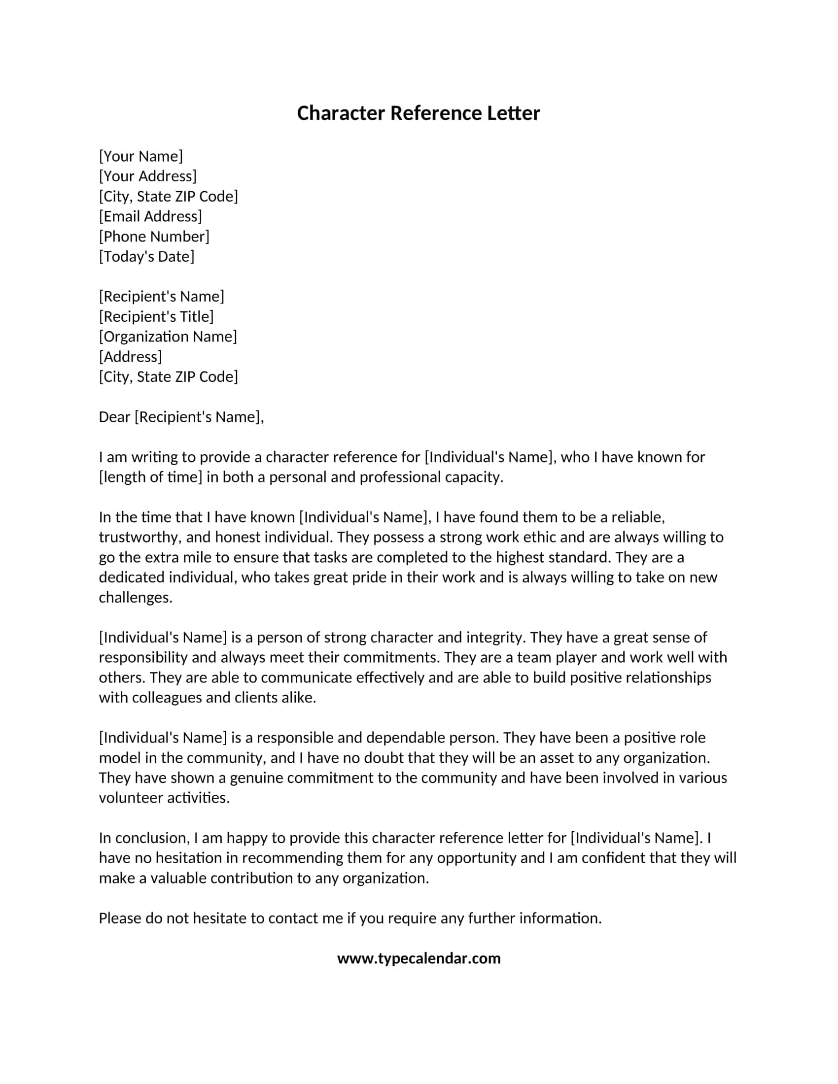 Free printable personal character reference letter templates pdf 