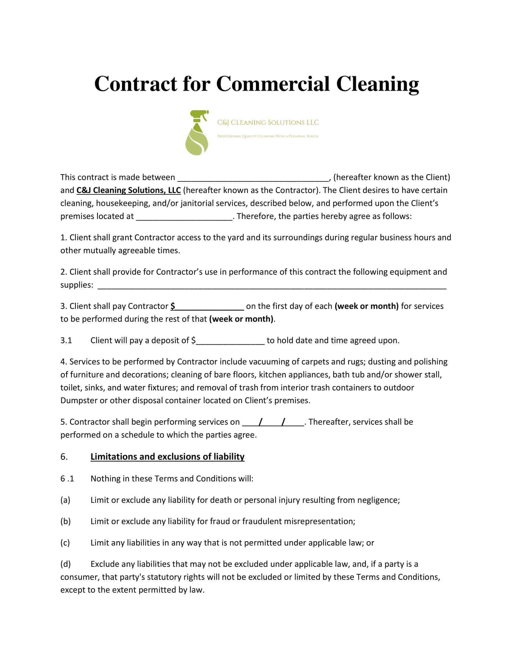 Free Printable Cleaning Contract Templates Word PDF Free Printable Cleaning Contract Templates Word PDF