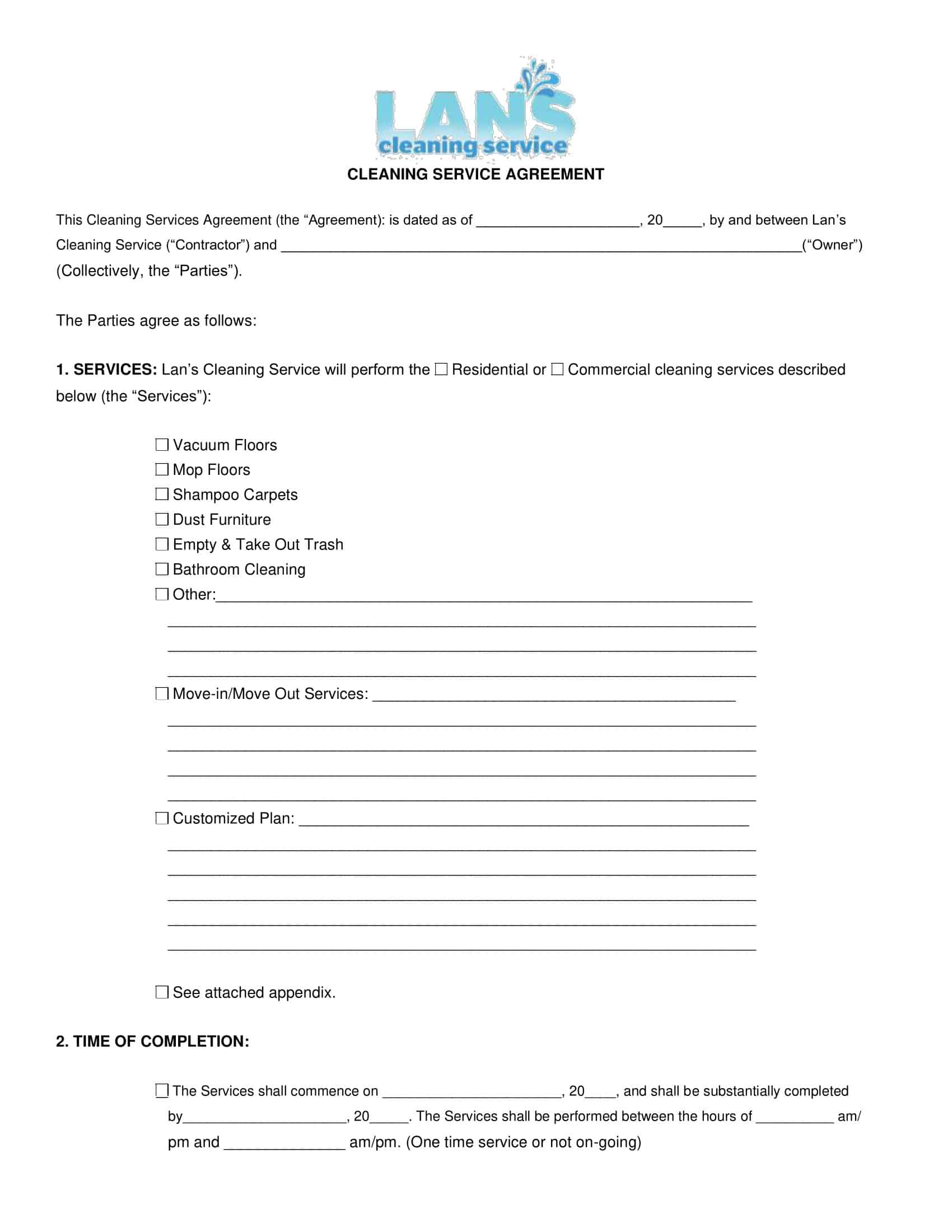 Free Printable Cleaning Contract Templates Word PDF 
