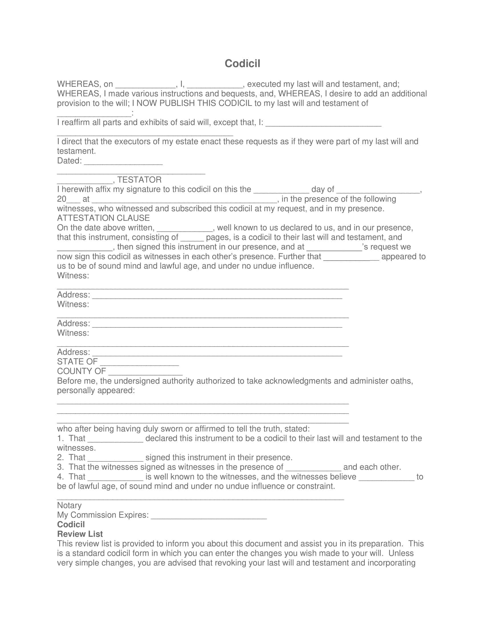 Free Printable Codicil To Will Templates PDF Word Form Free Printable Codicil To Will Templates PDF Word Form