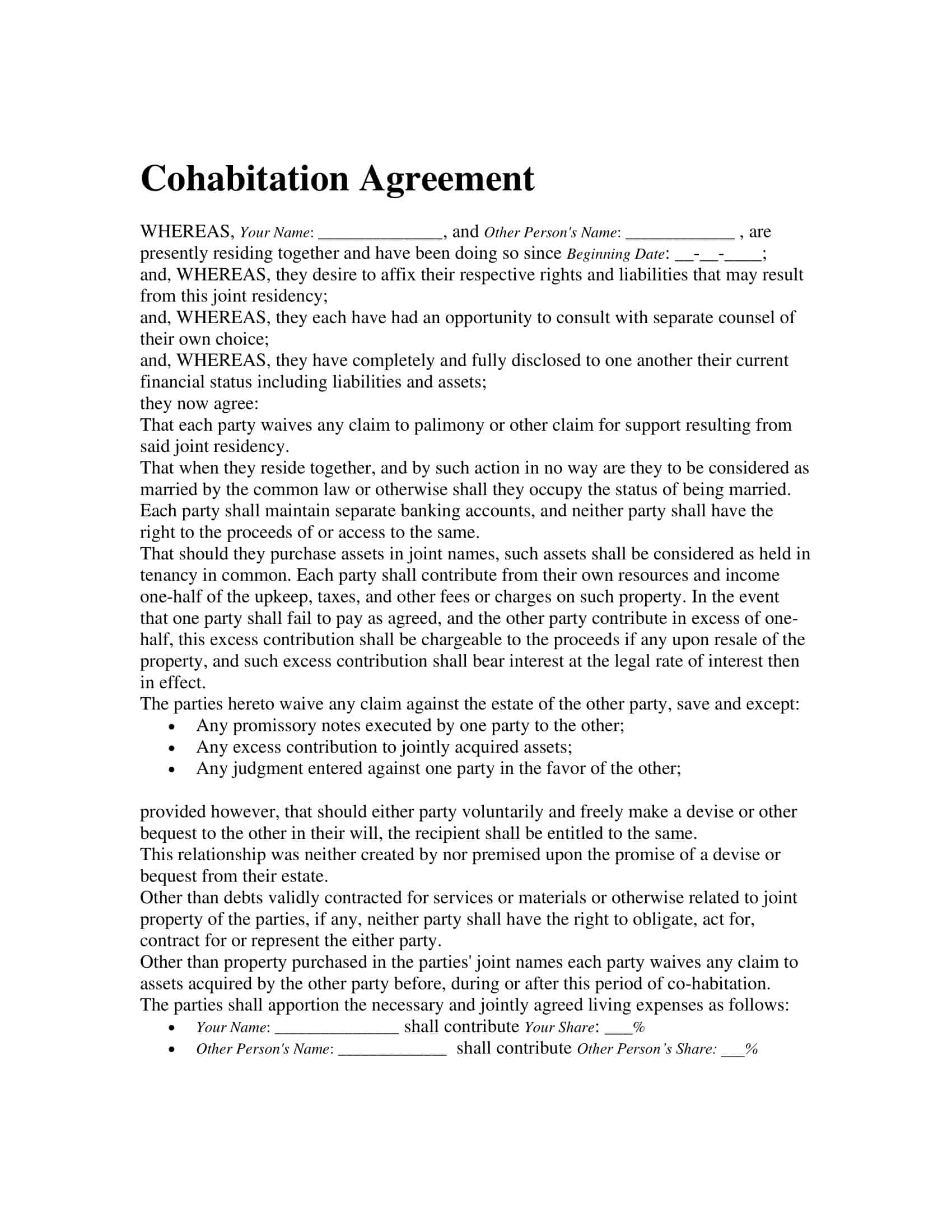 Free Printable Cohabitation Agreement Templates Word PDF Free Printable Cohabitation Agreement Templates Word PDF