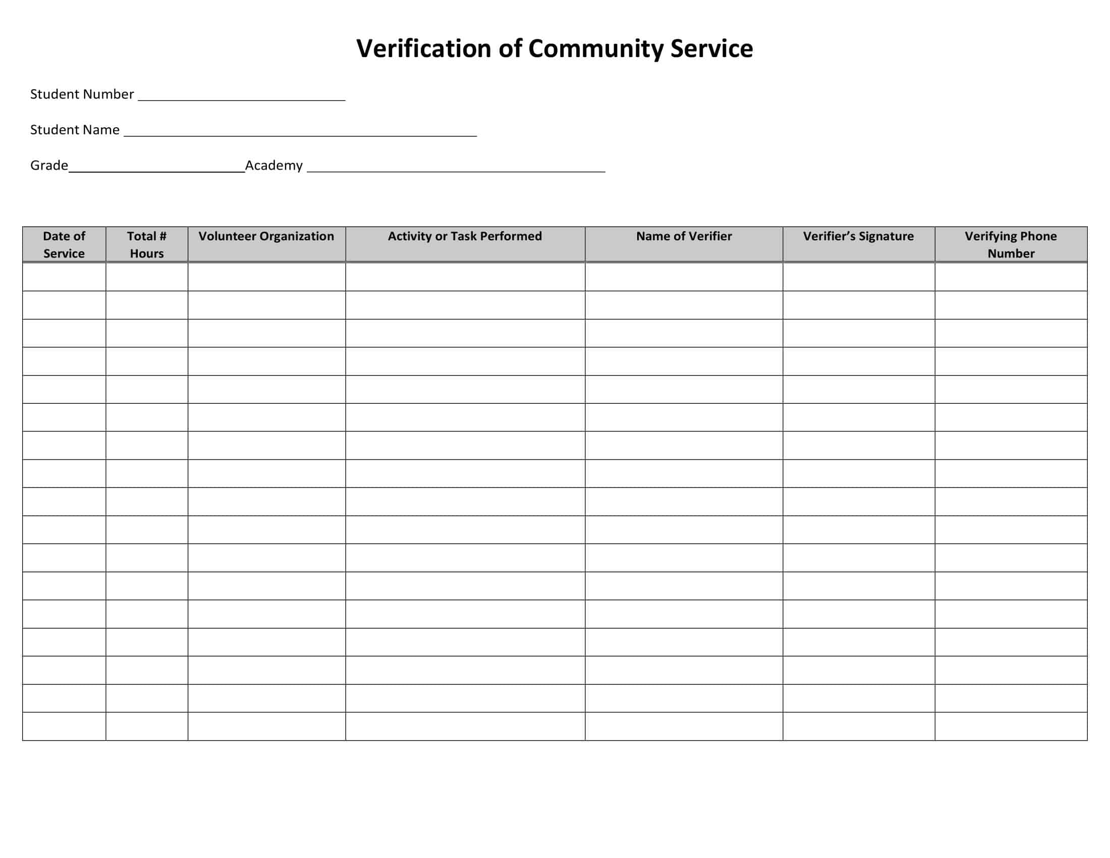 Free Printable Community Service Form Templates Word PDF 