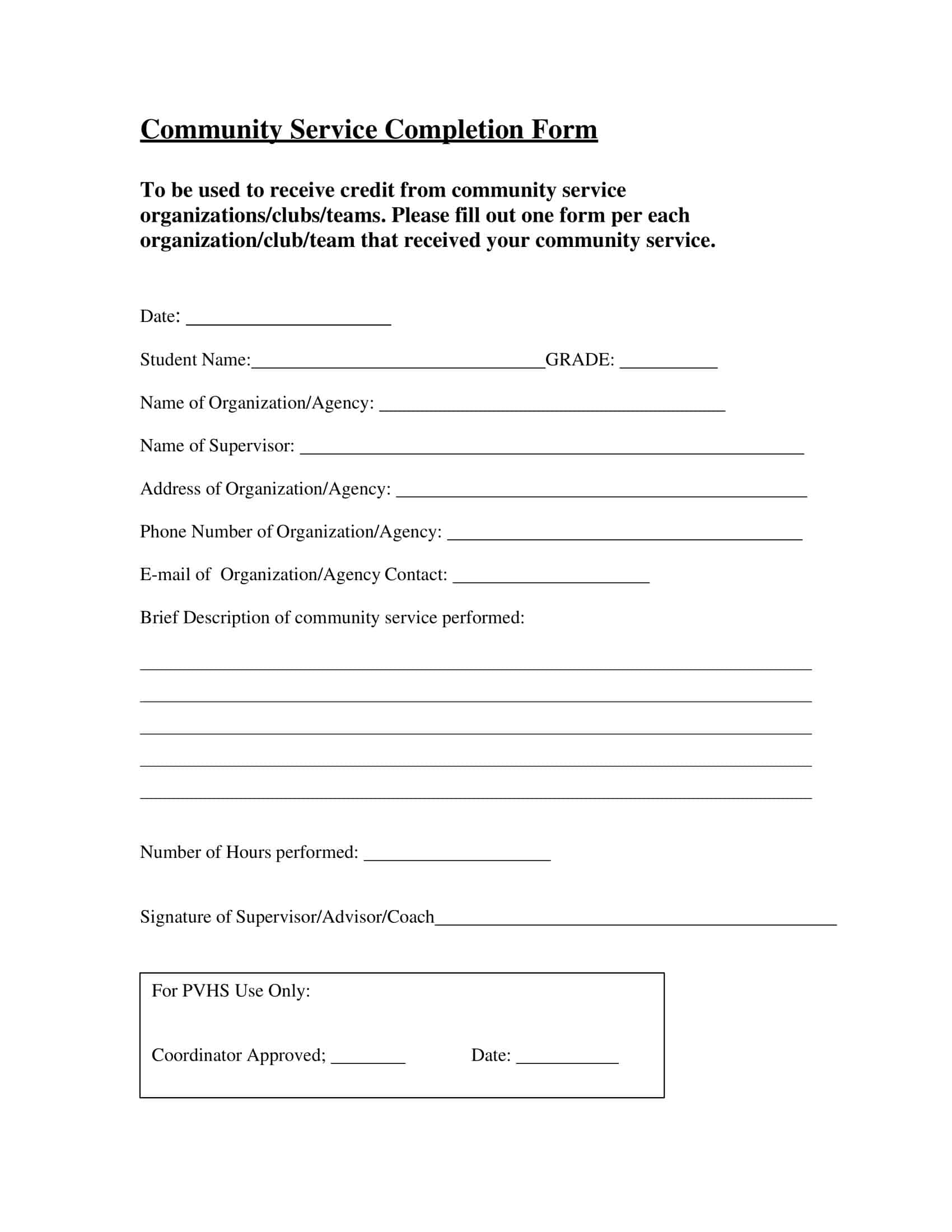 Free Printable Community Service Form Templates Word PDF 