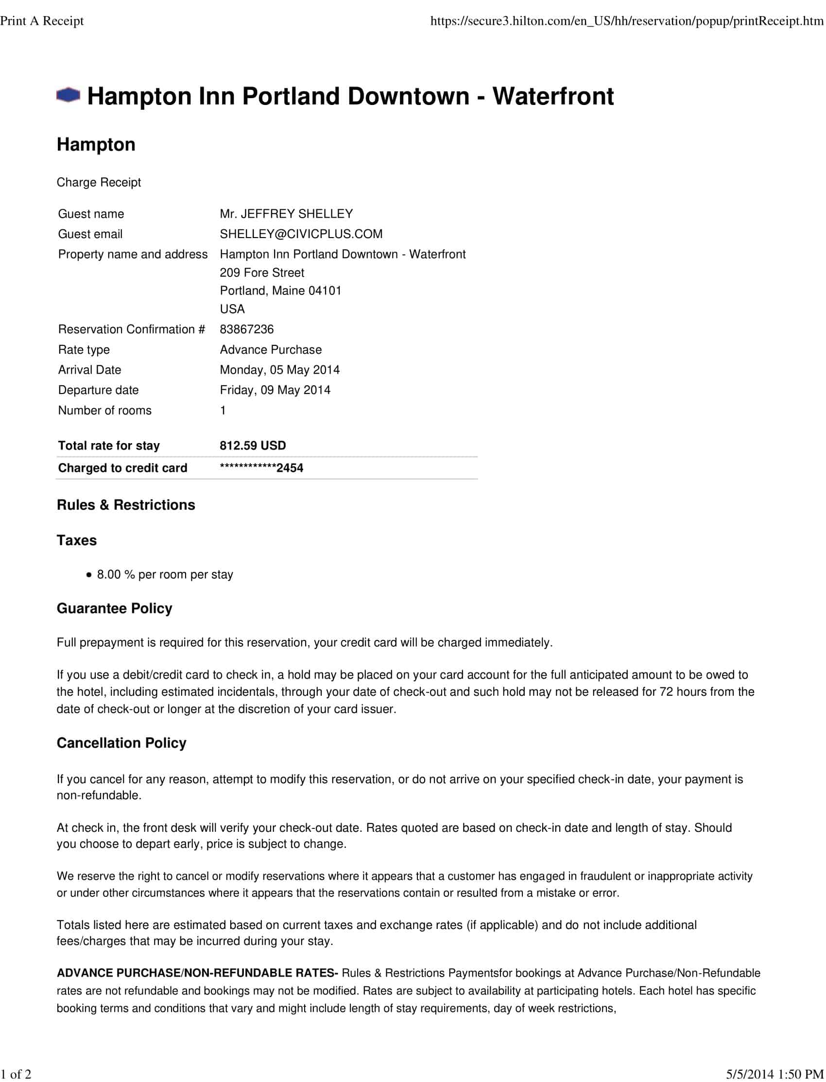 copy of hotel receipt copy of hotel receipt