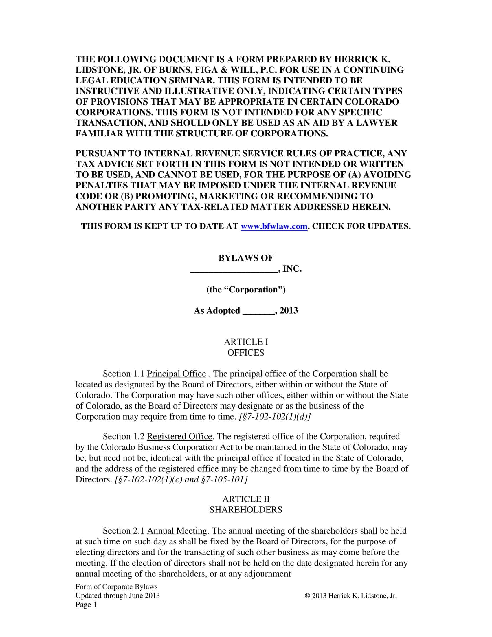 corporate bylaw corporate bylaw