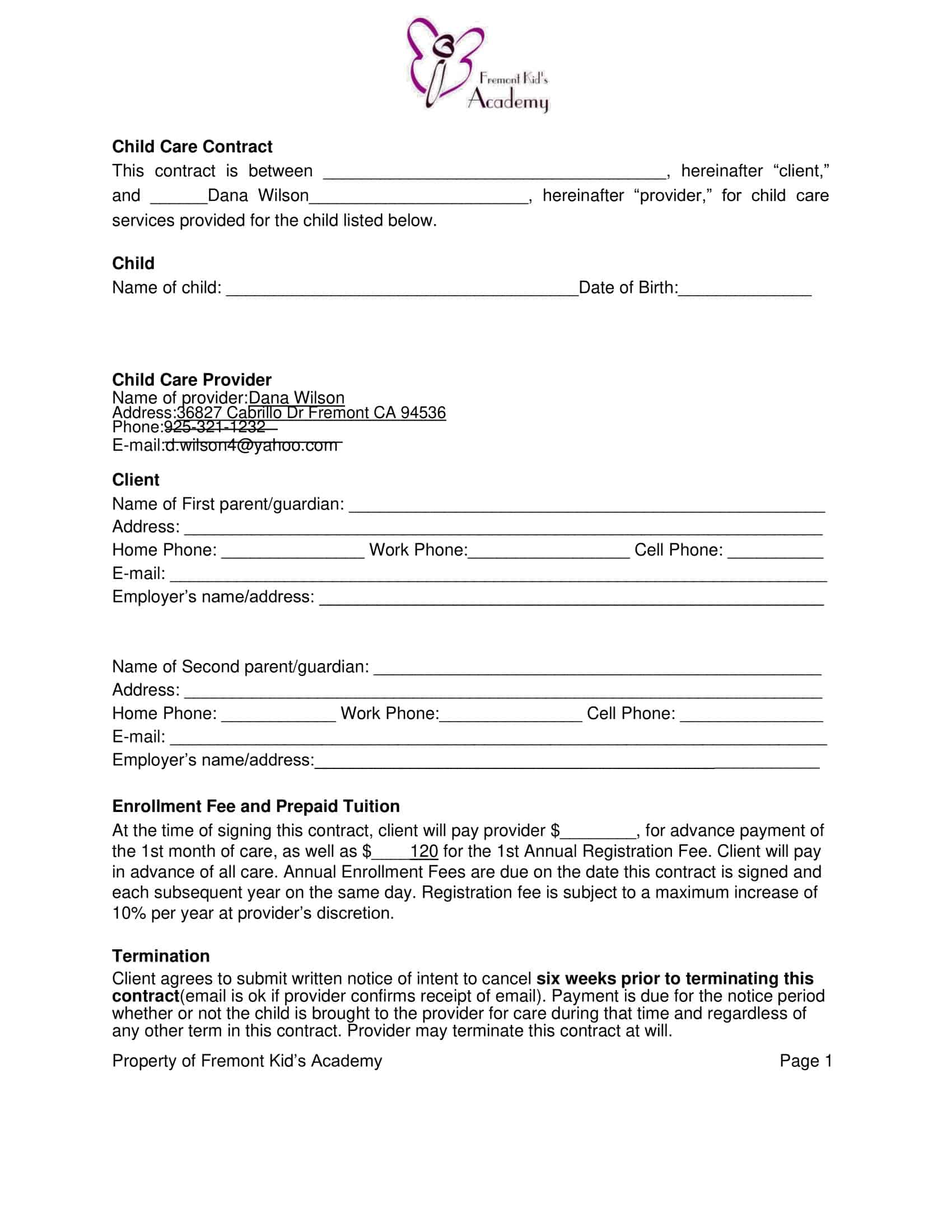 daycare contract forms daycare contract forms