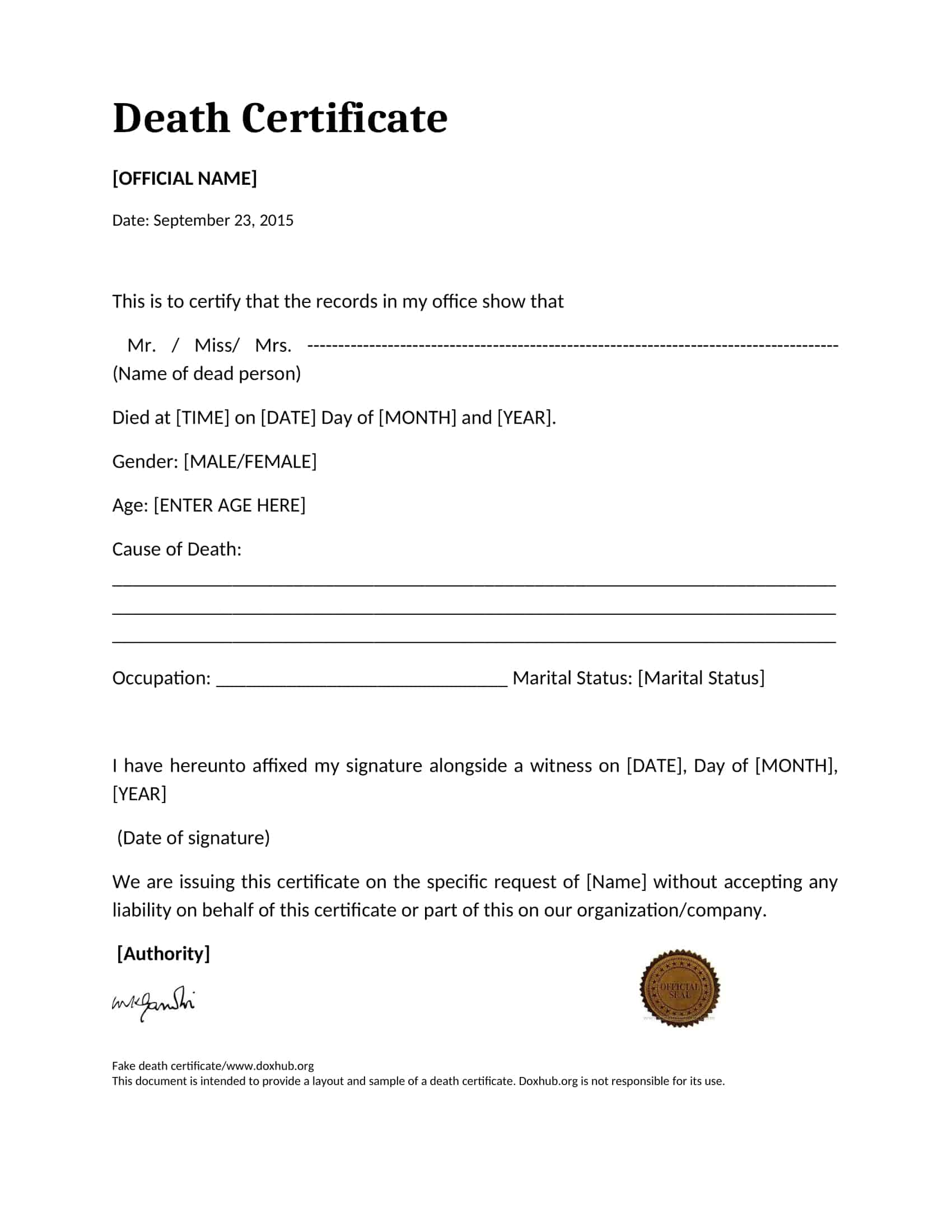 Sample Death Certificate Template Sample Death Certificate Template
