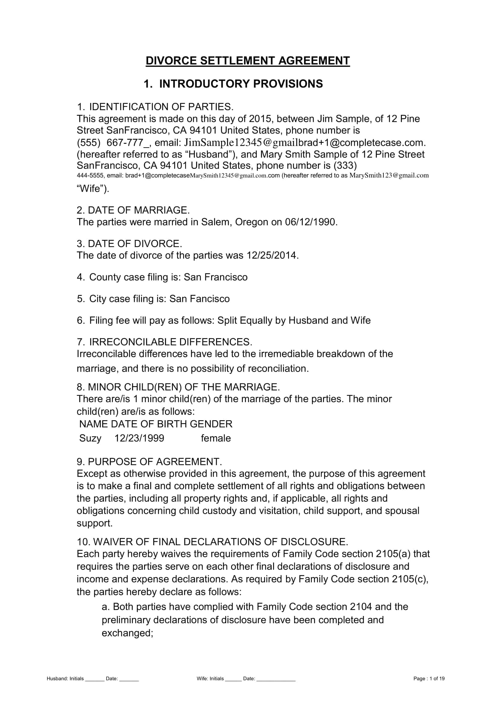 divorce settlement agreement sample divorce settlement agreement sample