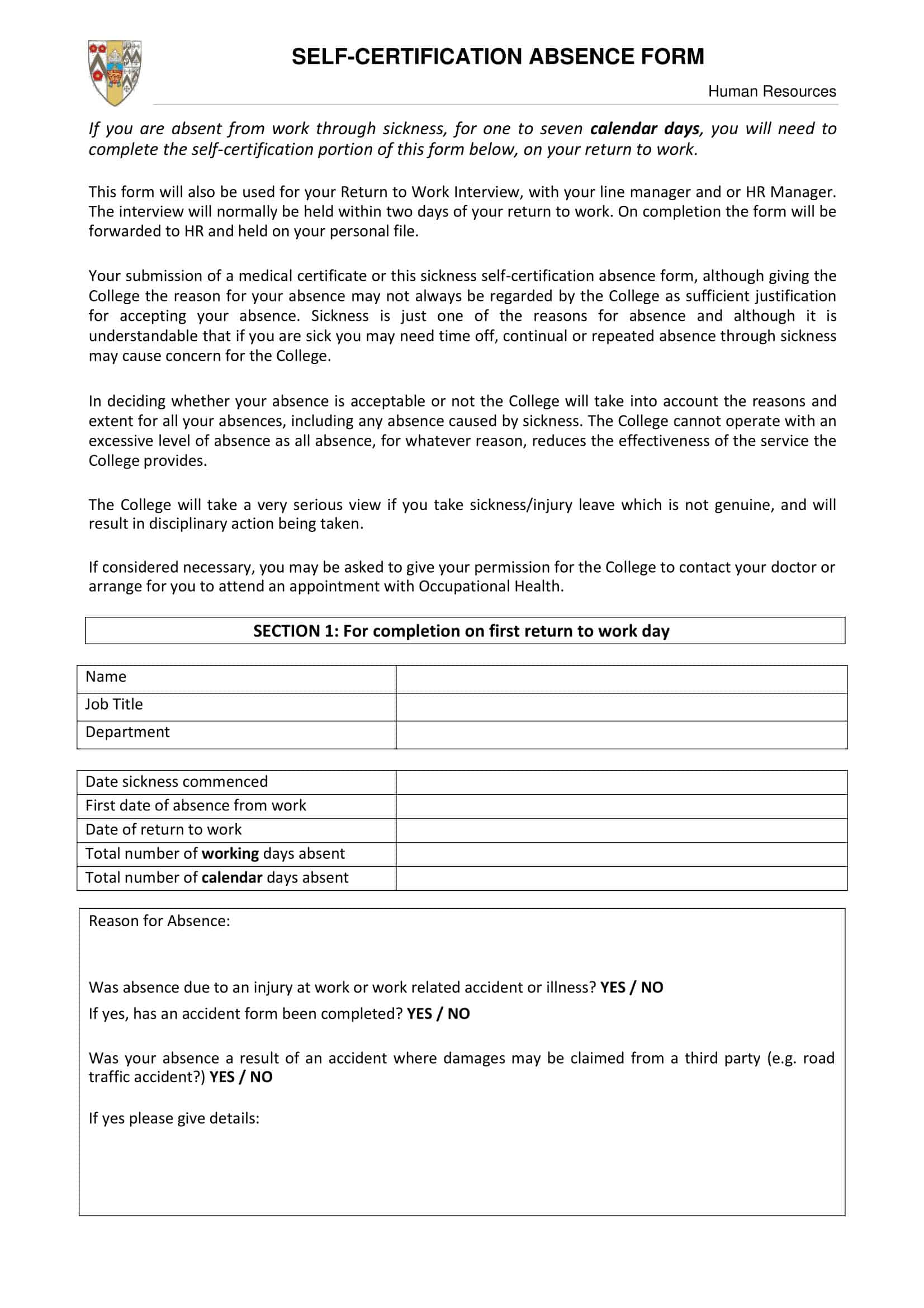 Self Certification Form Template