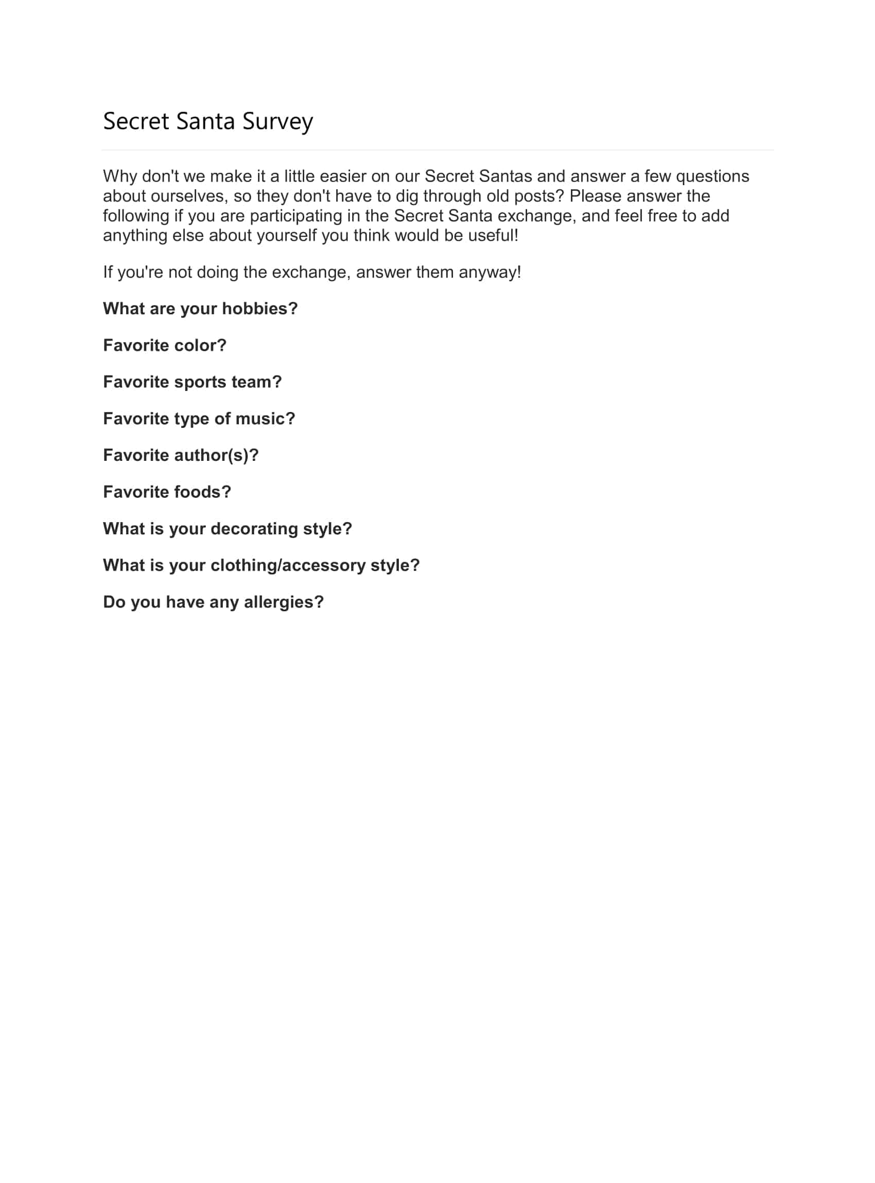 downloadable printable secret santa questionnaire downloadable printable secret santa questionnaire