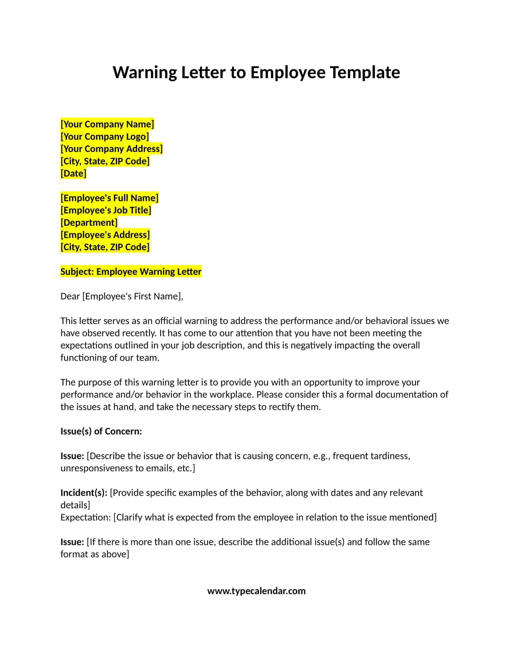 Free Printable Professional Warning Letter Sample PDF Employee