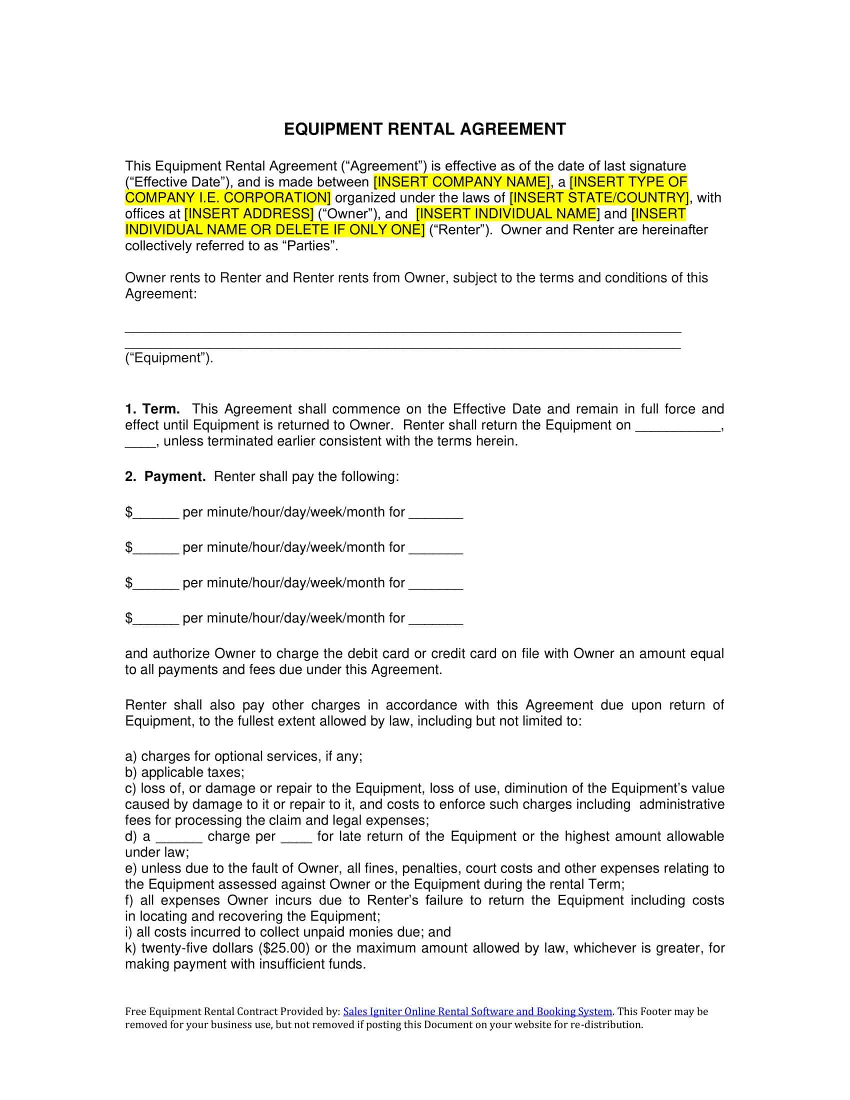 equipment lease agreement word equipment lease agreement word