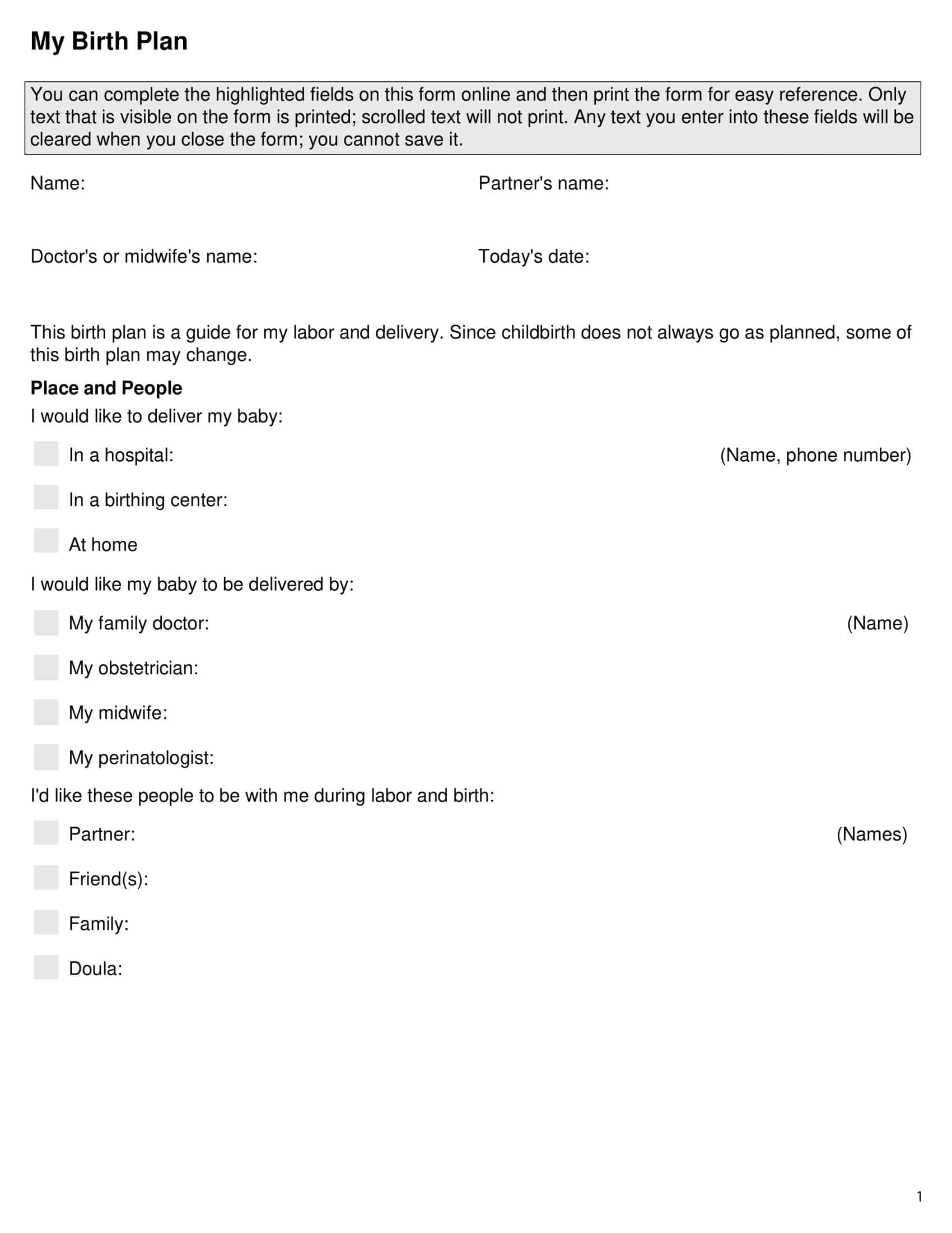 examples of birth plans examples of birth plans