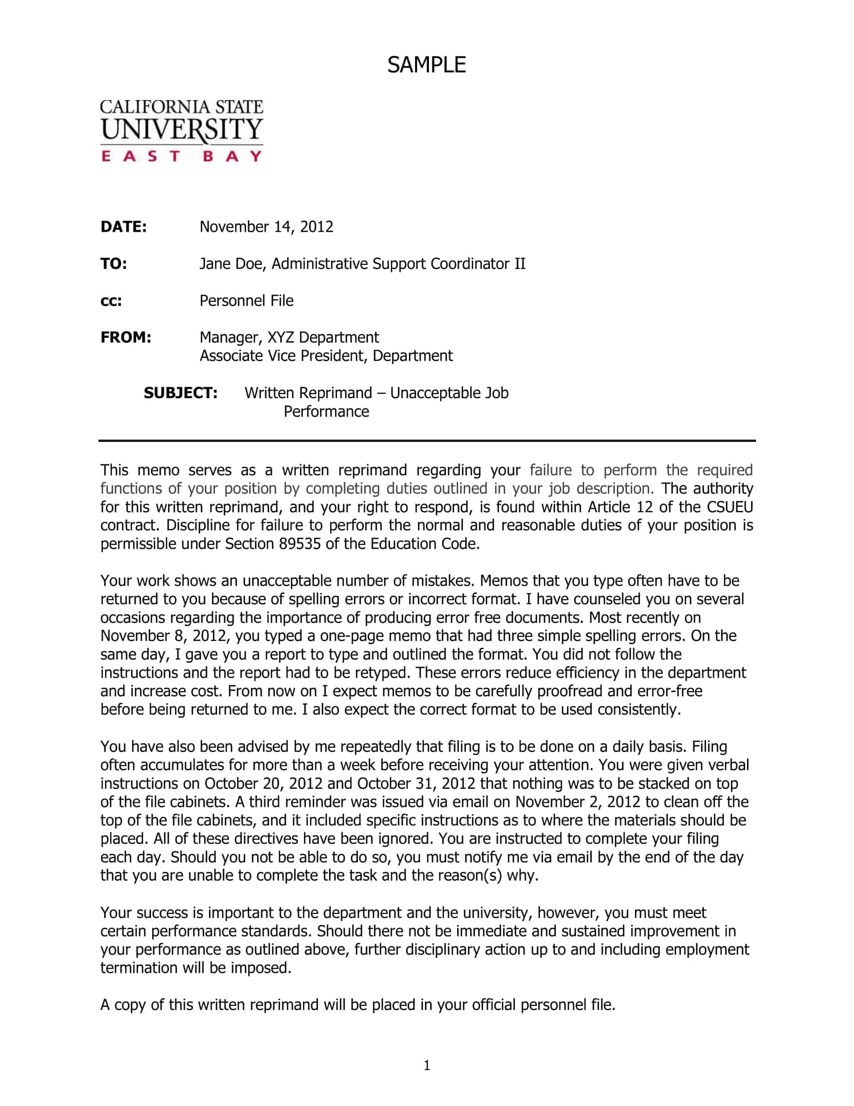 examples of reprimand letter for employee examples of reprimand letter for employee