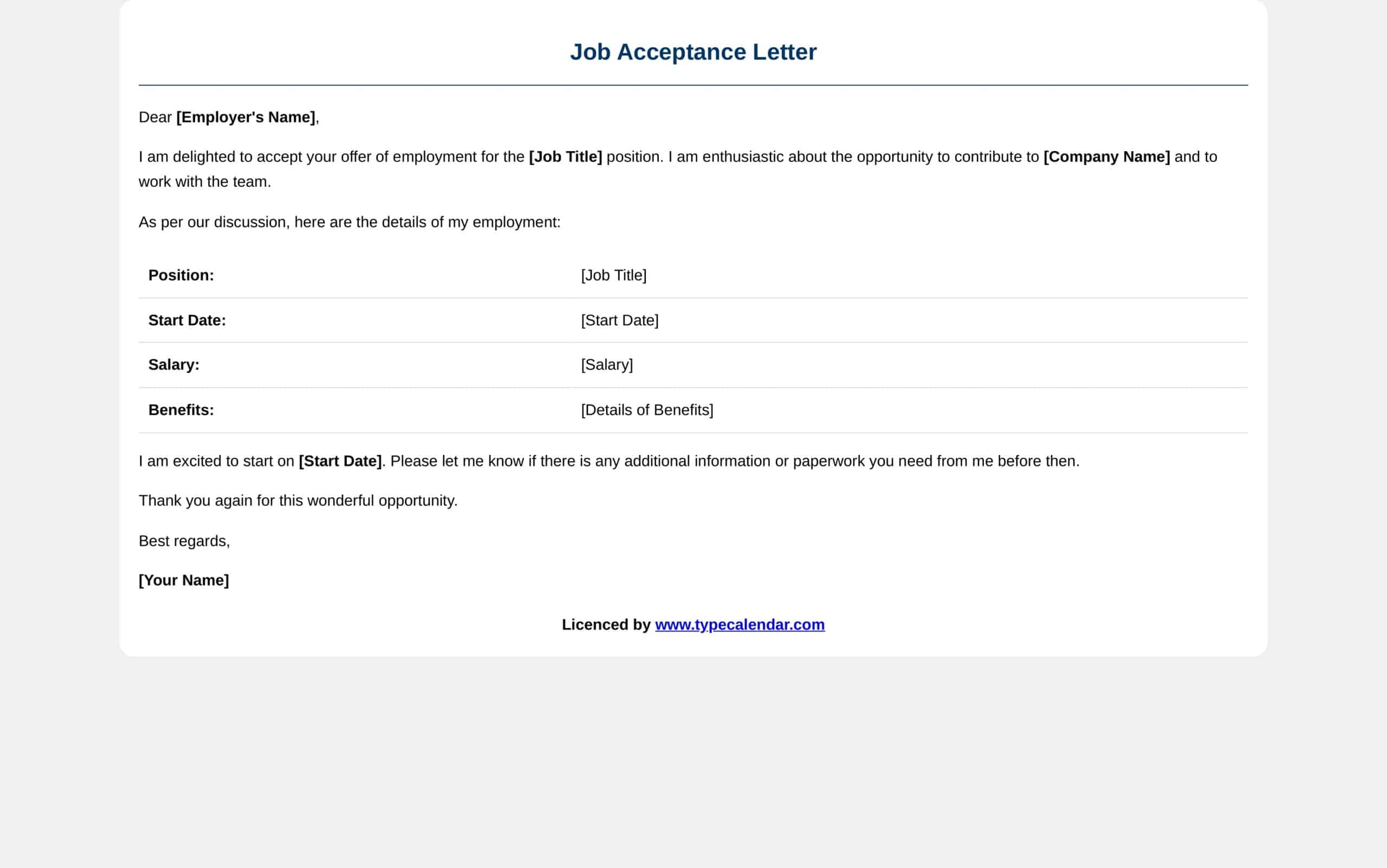 Free Printable Job Offer Acceptance Letter Templates [PDF] Sample