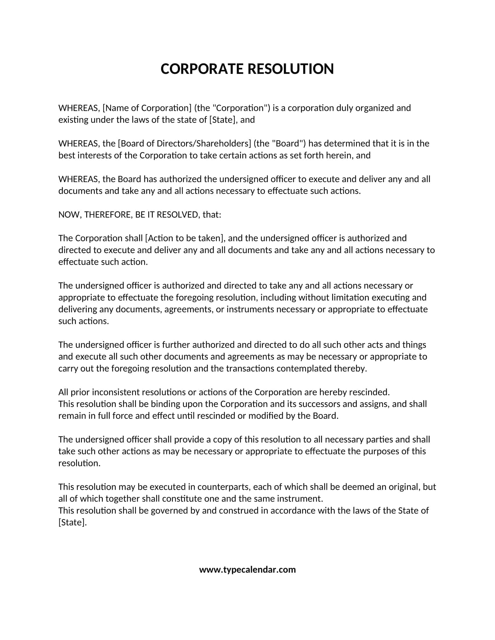 Free Printable Corporate Resolution Templates PDF Word Form Free Printable Corporate Resolution Templates PDF Word Form