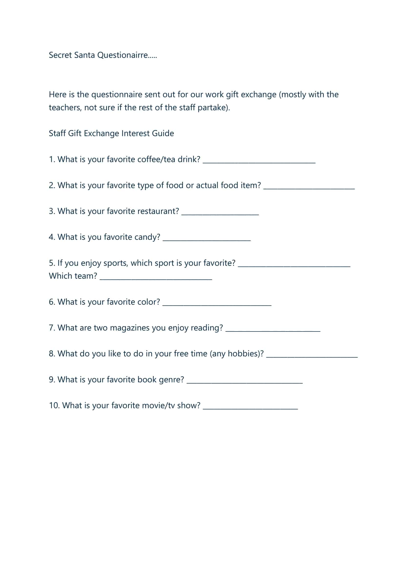 gift exchange questionnaire template gift exchange questionnaire template