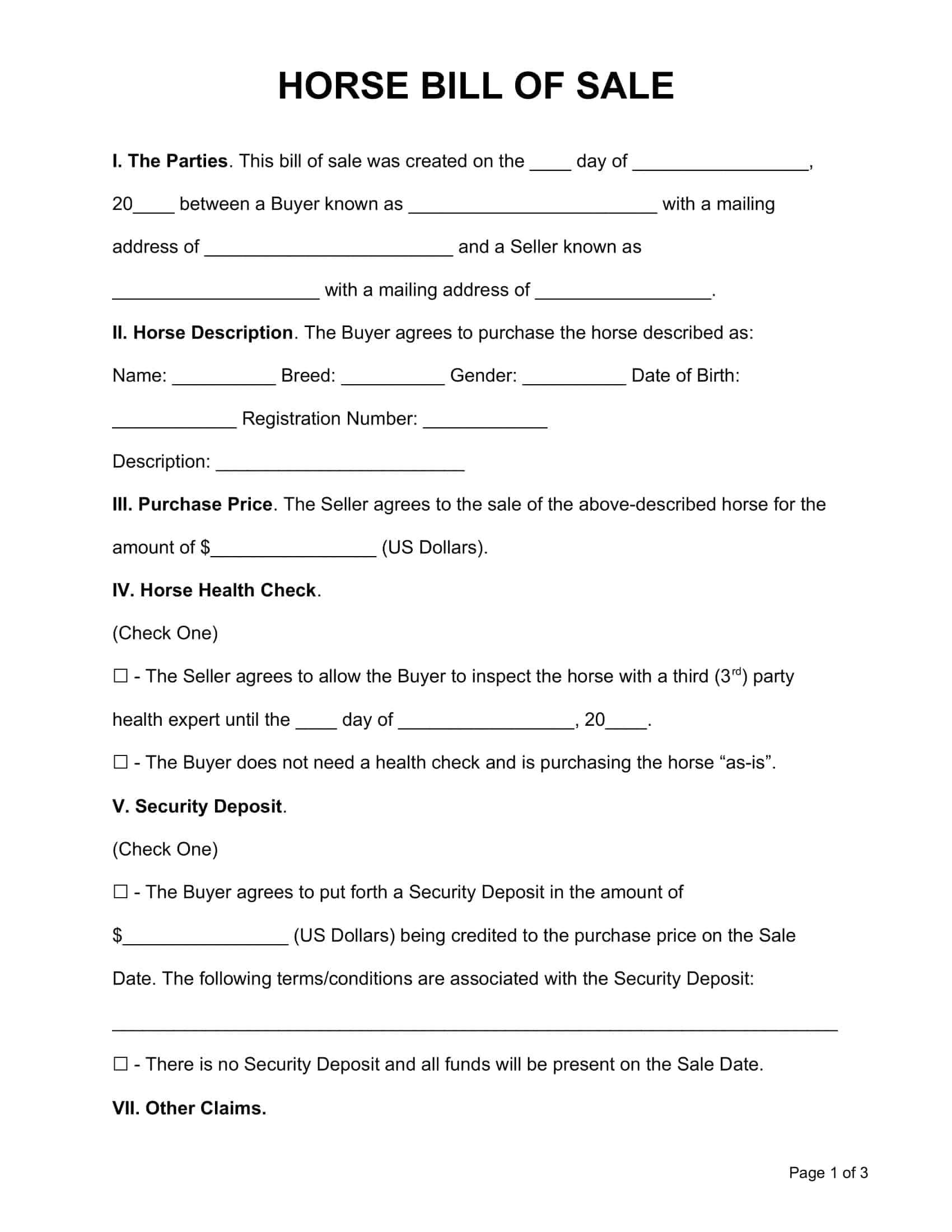 horse bill of sale horse bill of sale