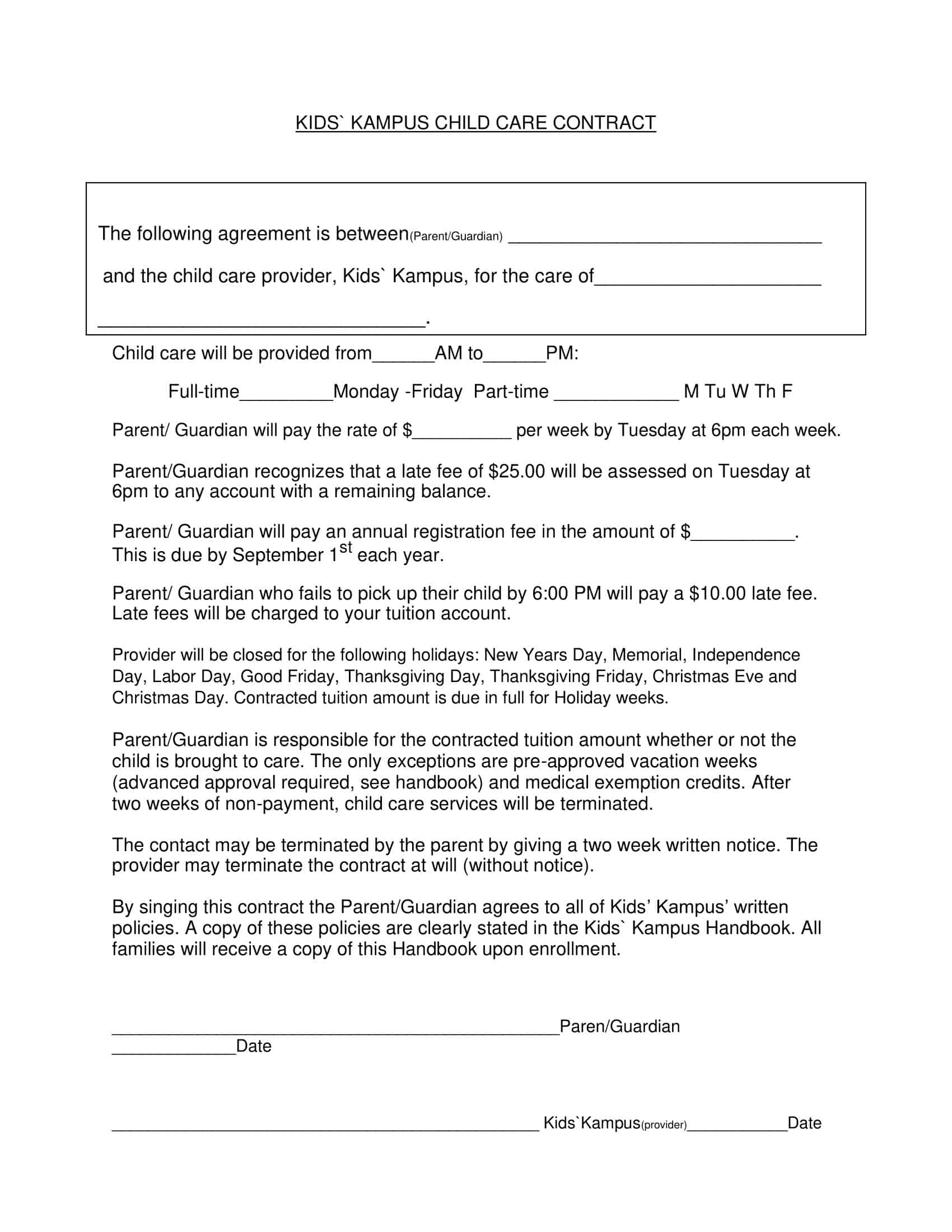 in home daycare contracts in home daycare contracts