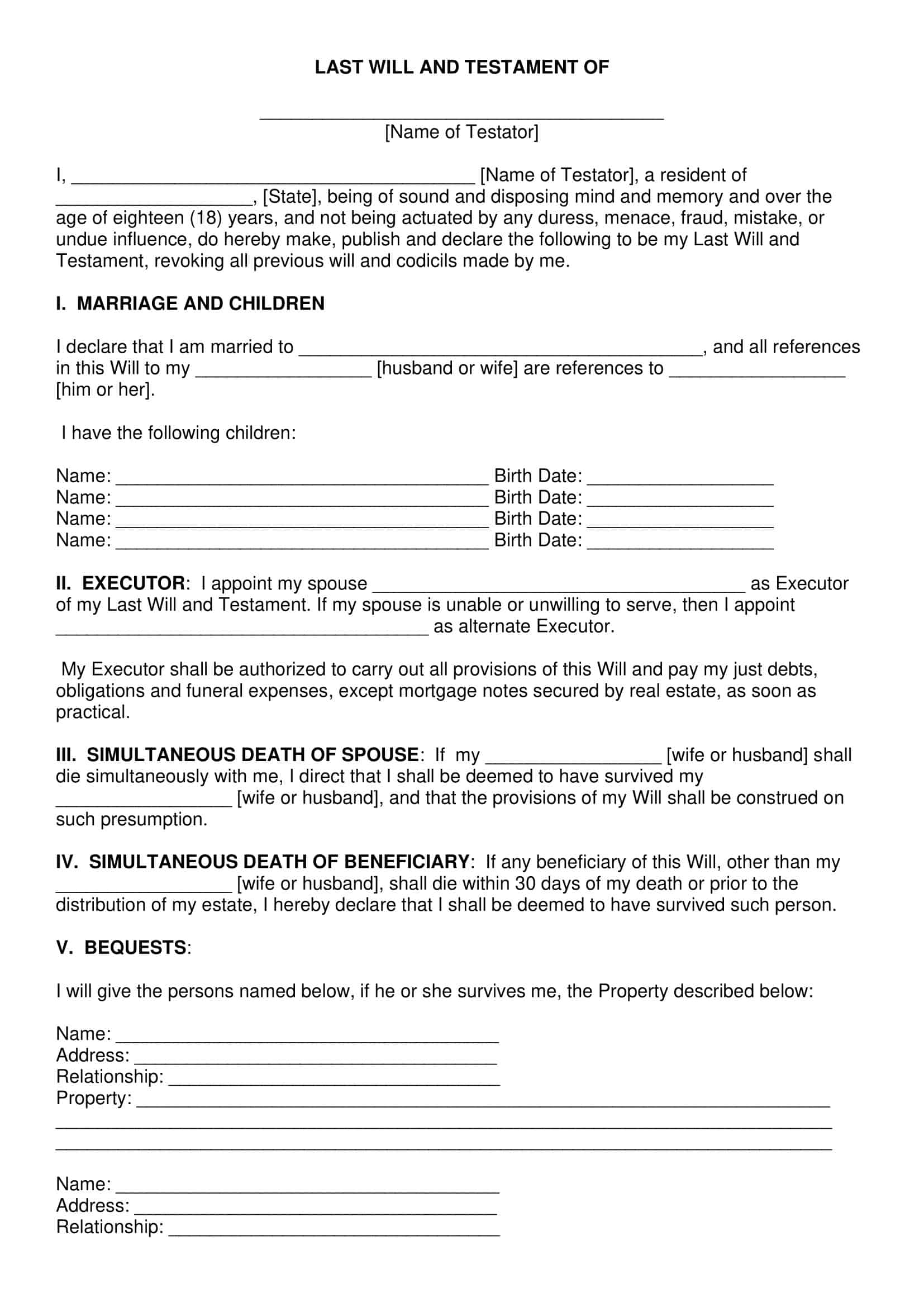 Free Printable Last Will And Testament Templates PDF Word Free Printable Last Will And Testament Templates PDF Word