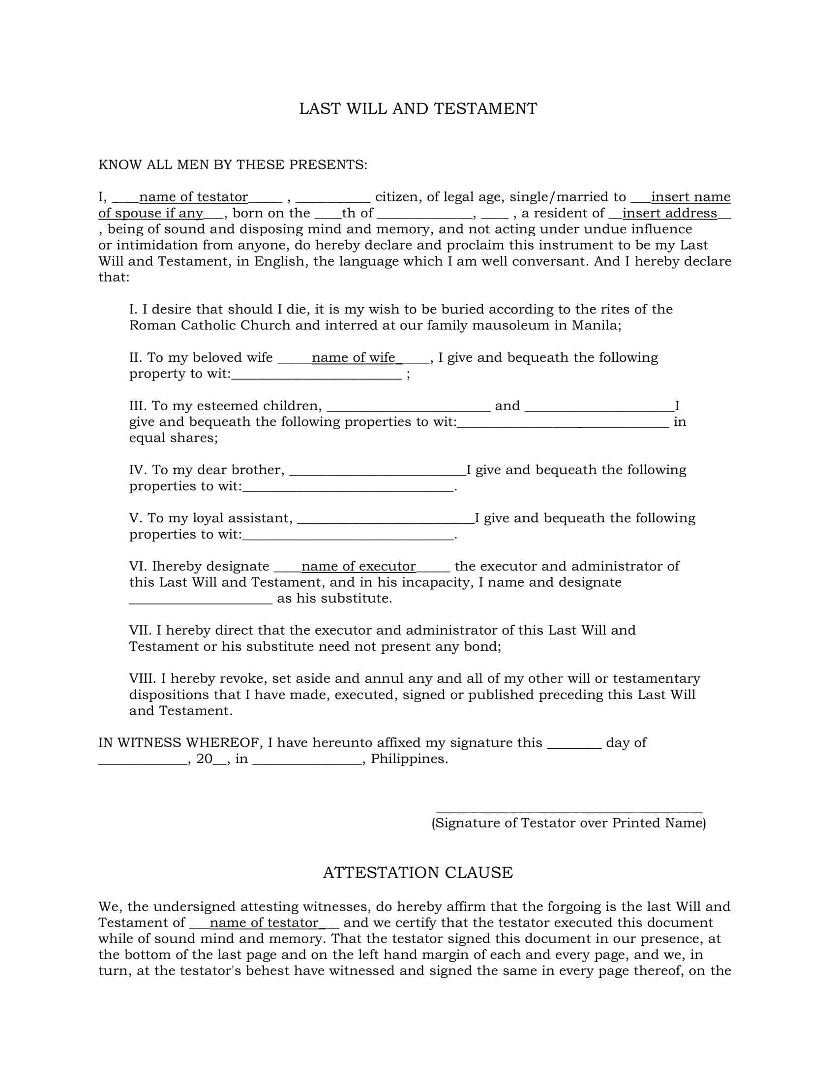 Free Printable Last Will And Testament Templates PDF Word Free Printable Last Will And Testament Templates PDF Word