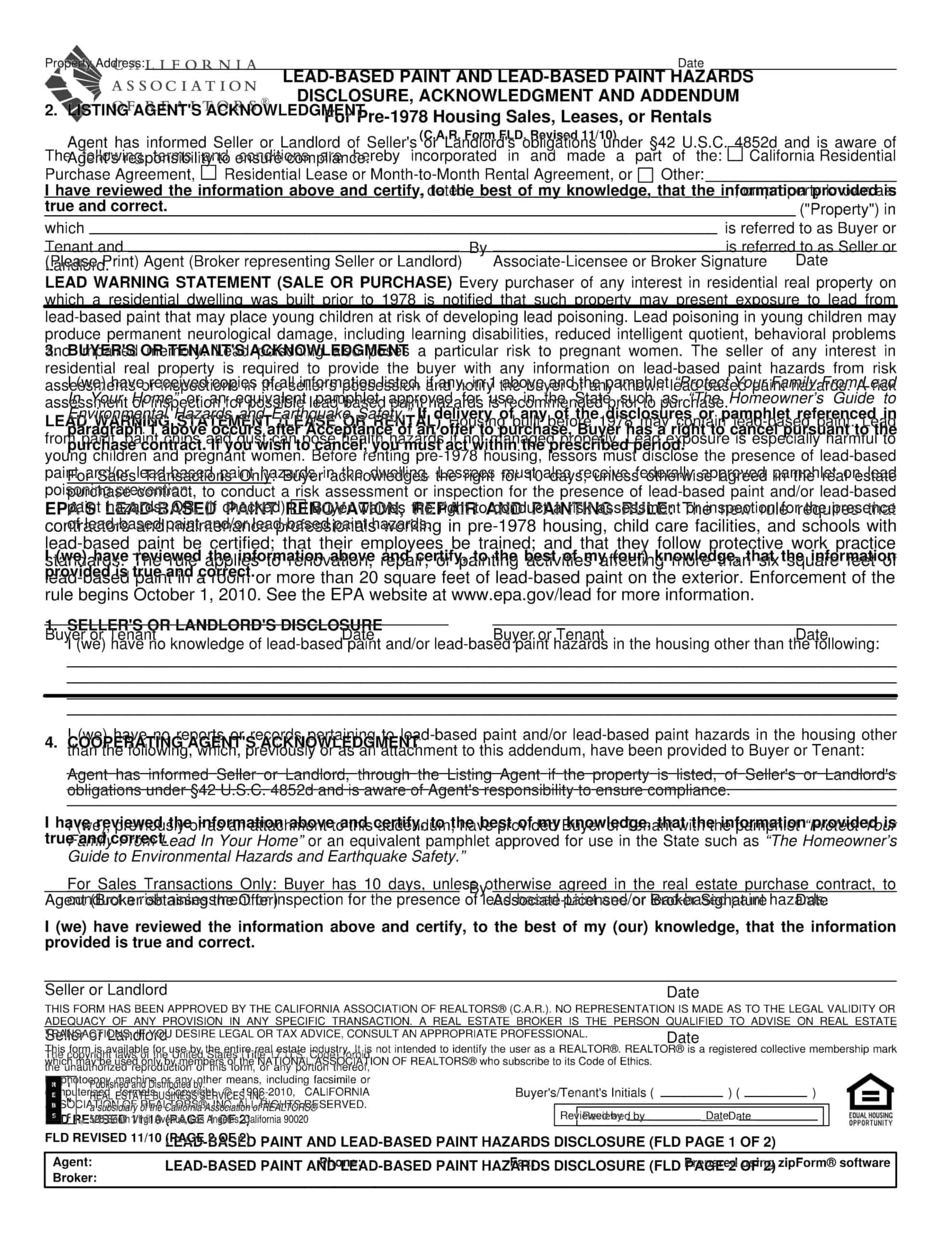 Free Printable Lead Based Paint Disclosure [PDF] Tenants Form For Renters