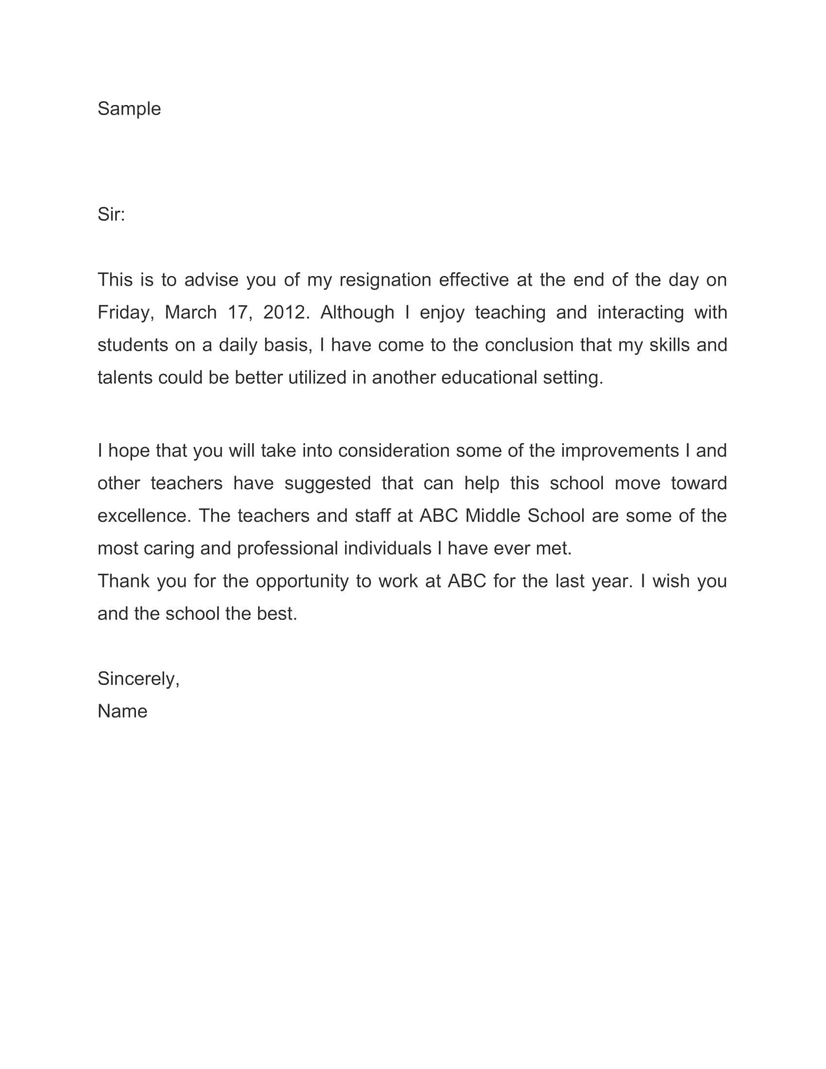 letter of resignation for teacher letter of resignation for teacher