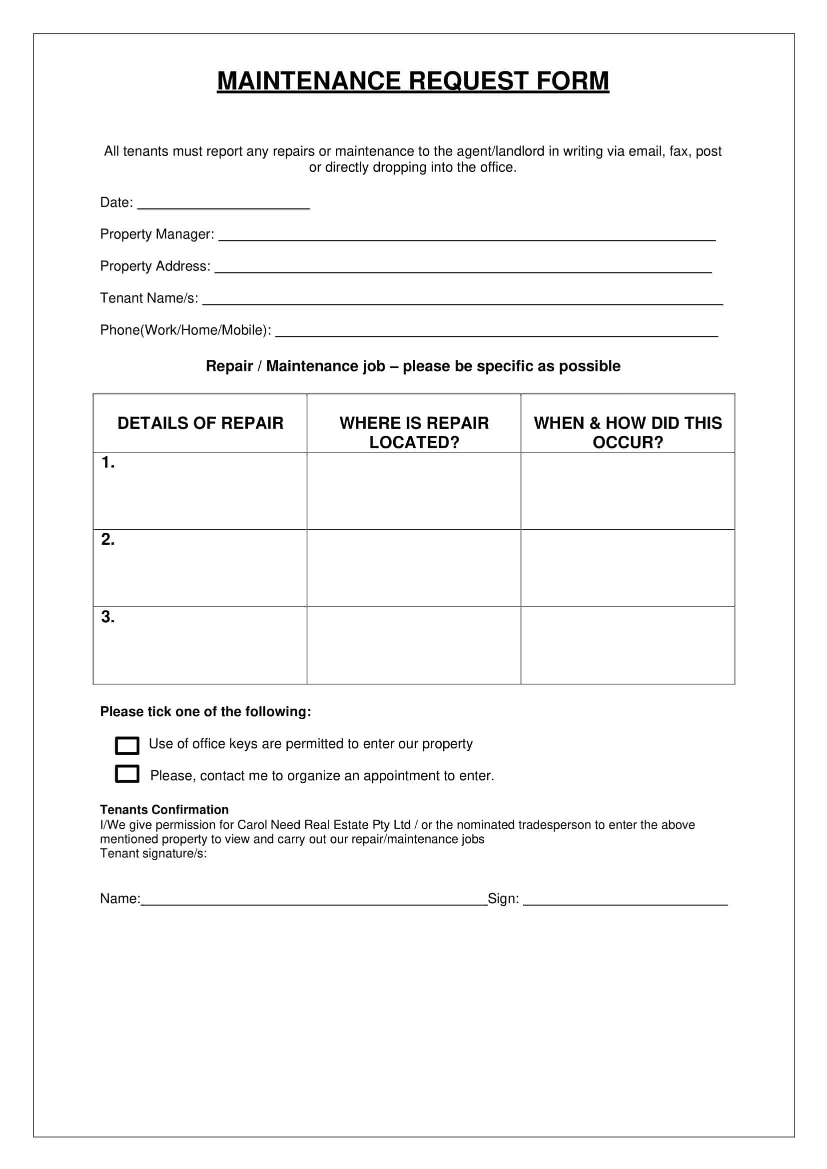 maintenance work request form template maintenance work request form template