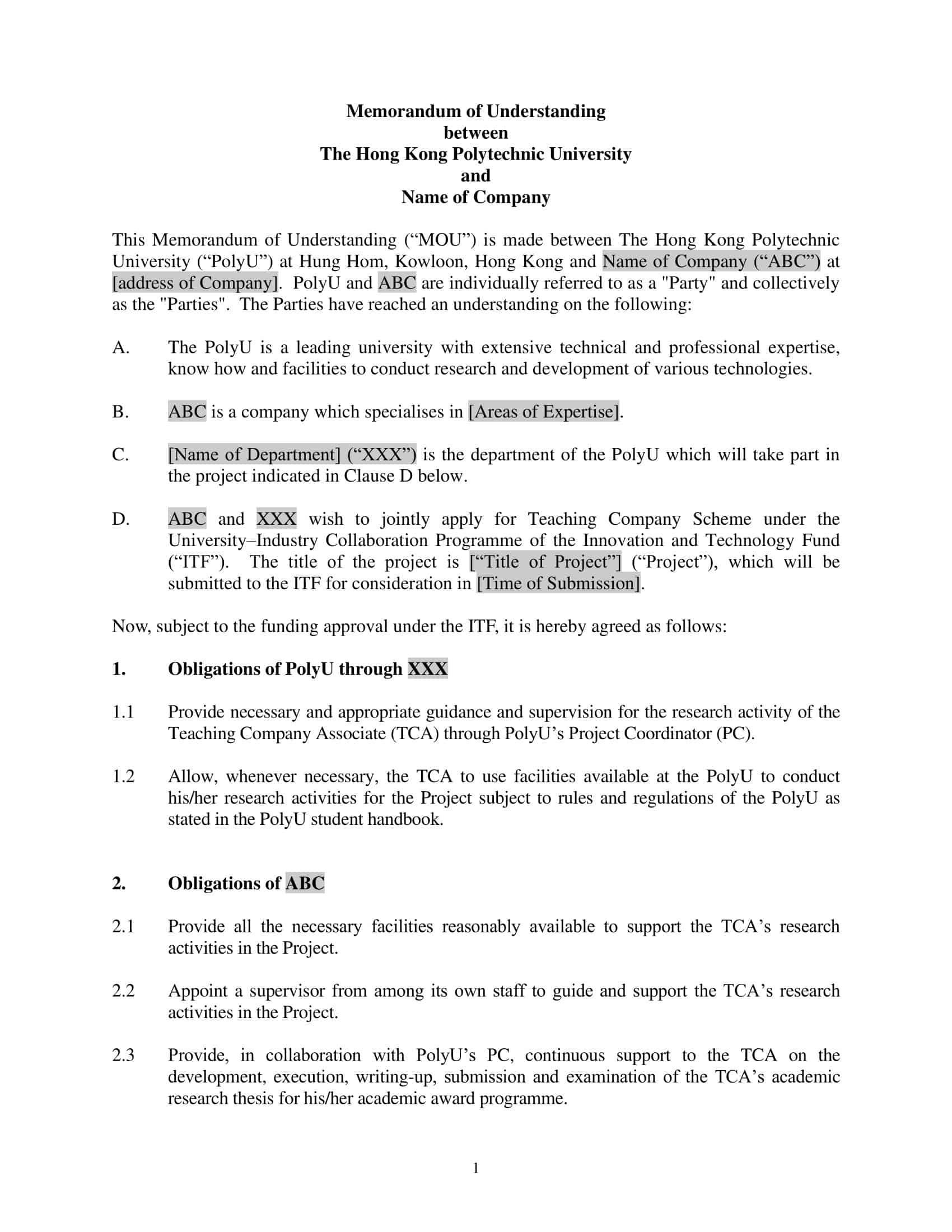 memorandum of understanding between two companies doc memorandum of understanding between two companies doc