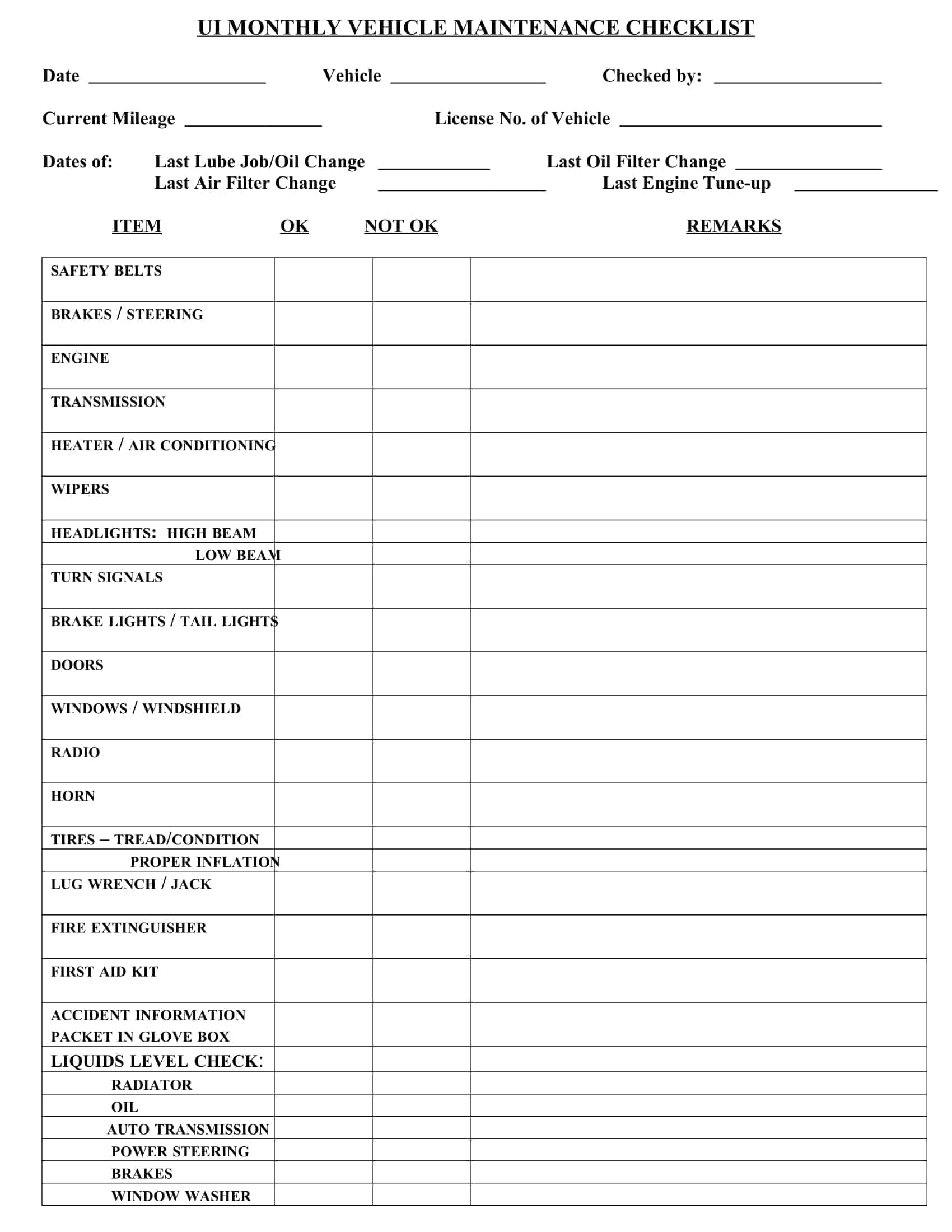 Free Printable Vehicle Checklist Inspection Maintenance Word PDF Free Printable Vehicle Checklist Inspection Maintenance Word PDF