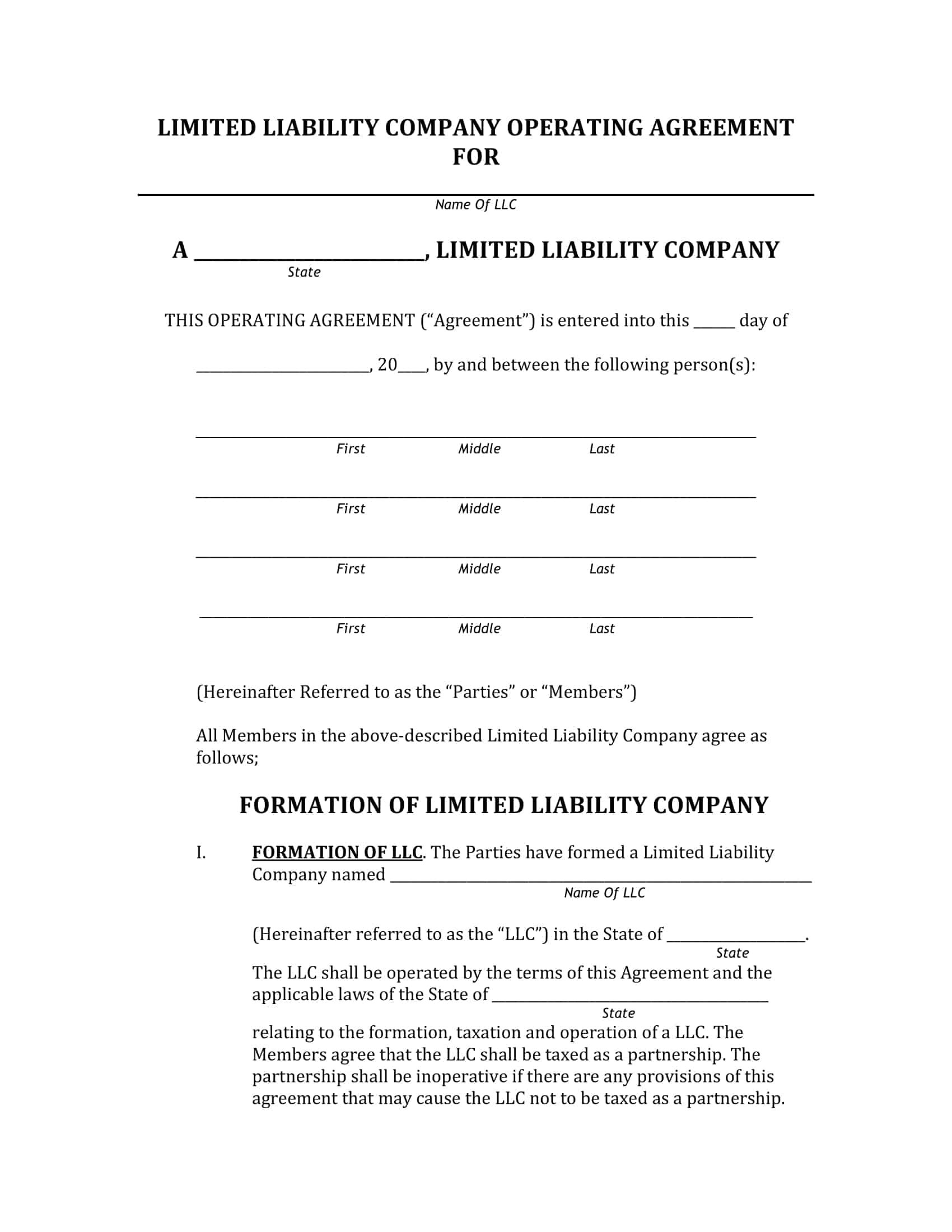 Operating Agreement For Llc Template Operating Agreement For Llc Template