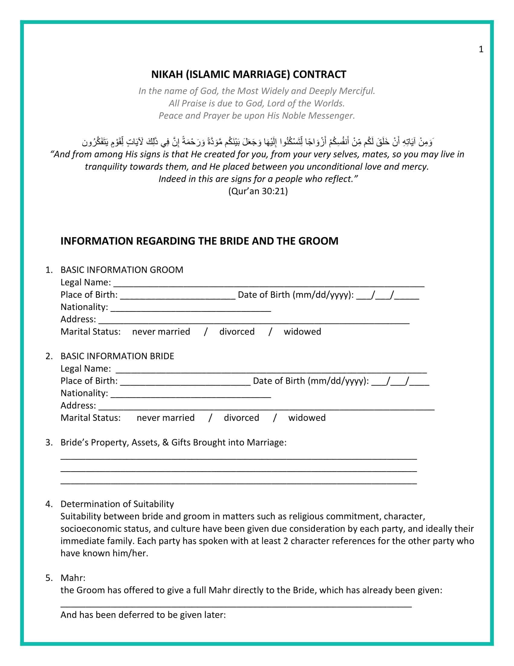 Islamic Marriage Contract Template Islamic Marriage Contract Template