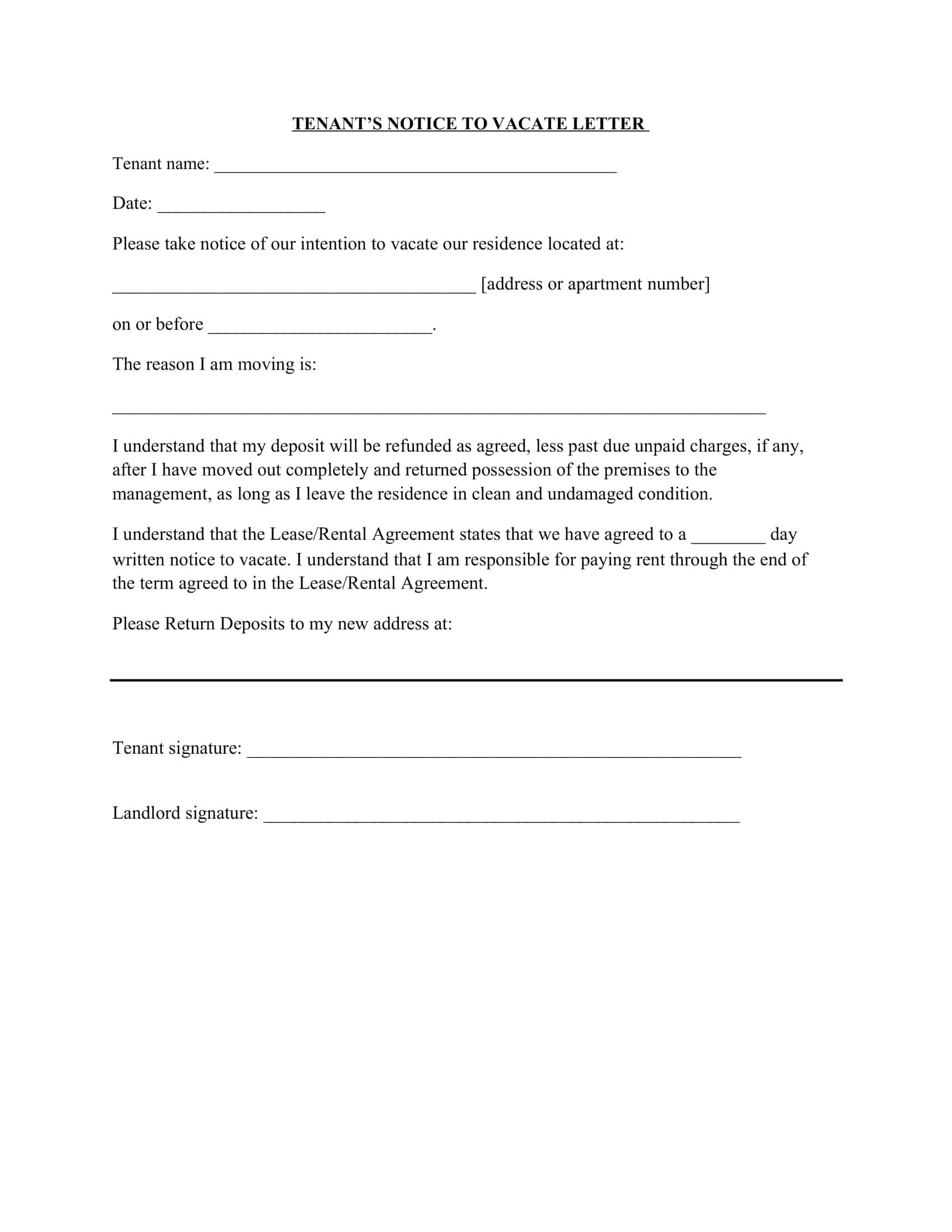 notice to vacate letter to landlord notice to vacate letter to landlord