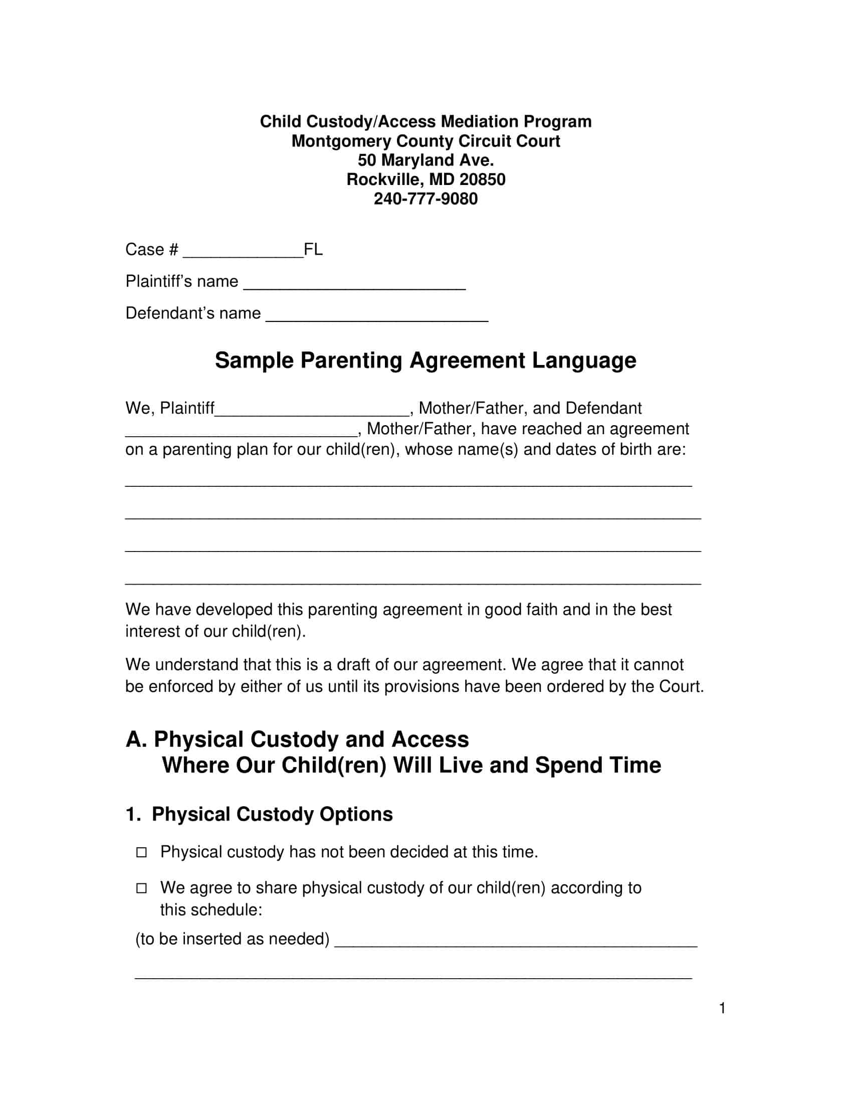 Free Printable Parenting Plan Templates PDF Excel 