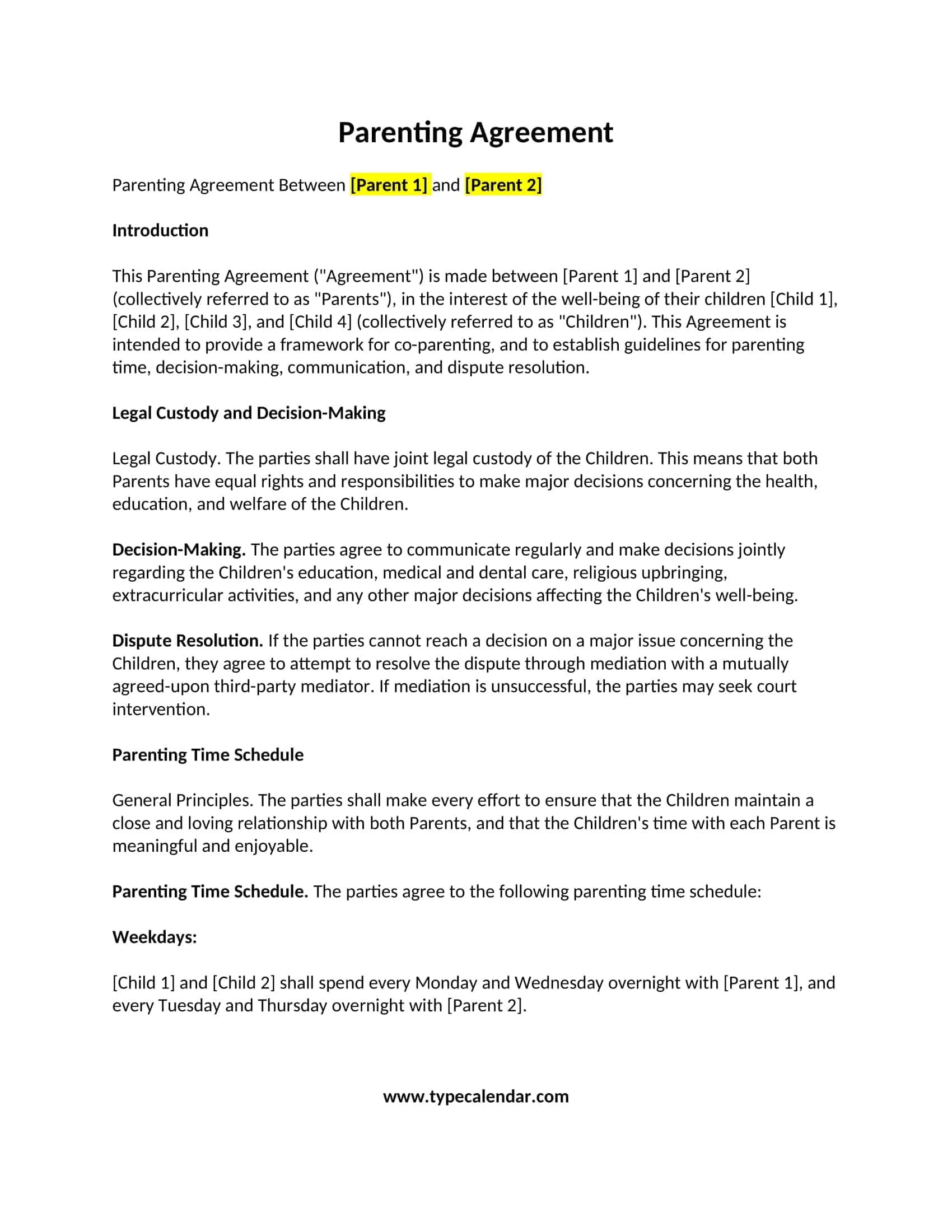 Free Printable Parenting Plan Templates PDF Excel Free Printable Parenting Plan Templates PDF Excel
