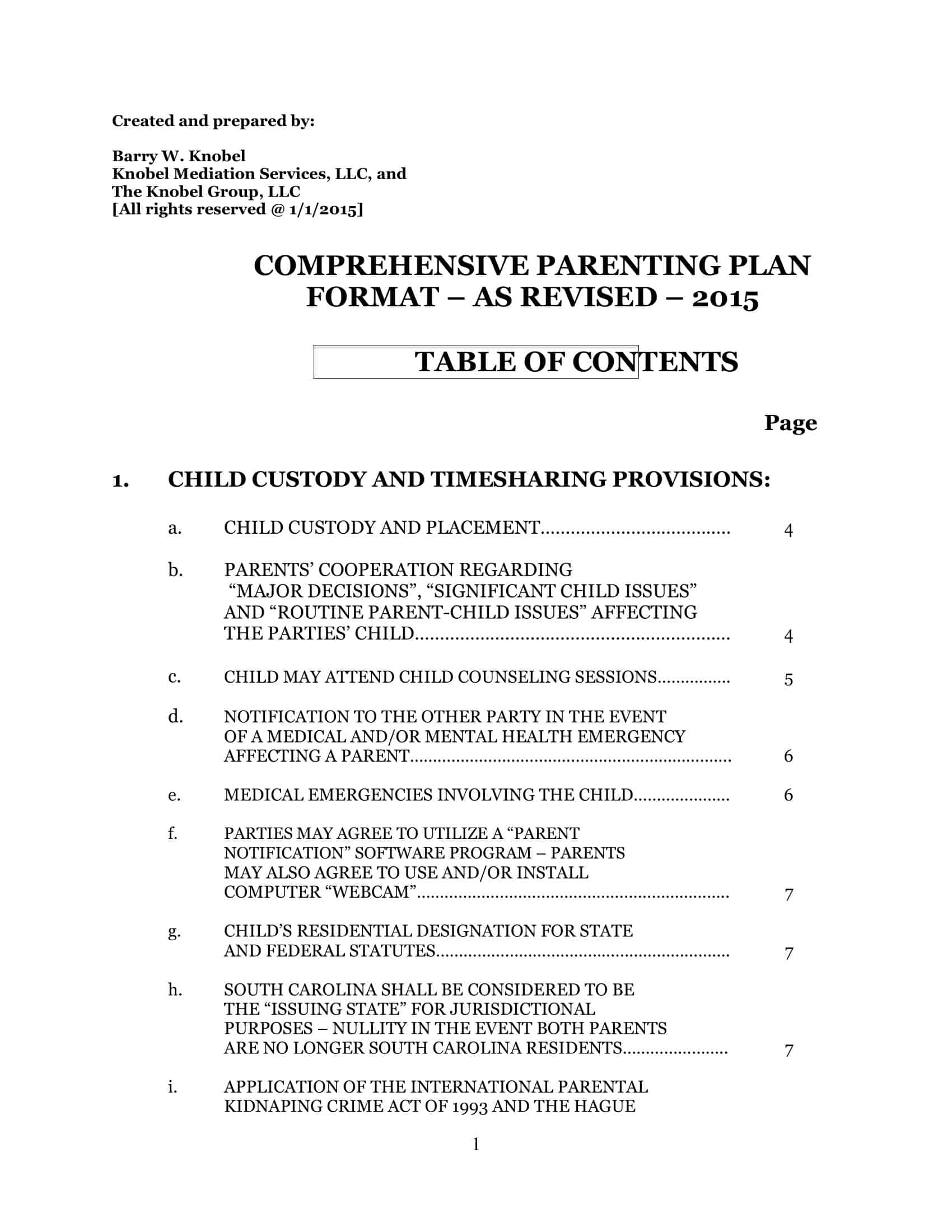 Free Printable Parenting Plan Templates PDF Excel 