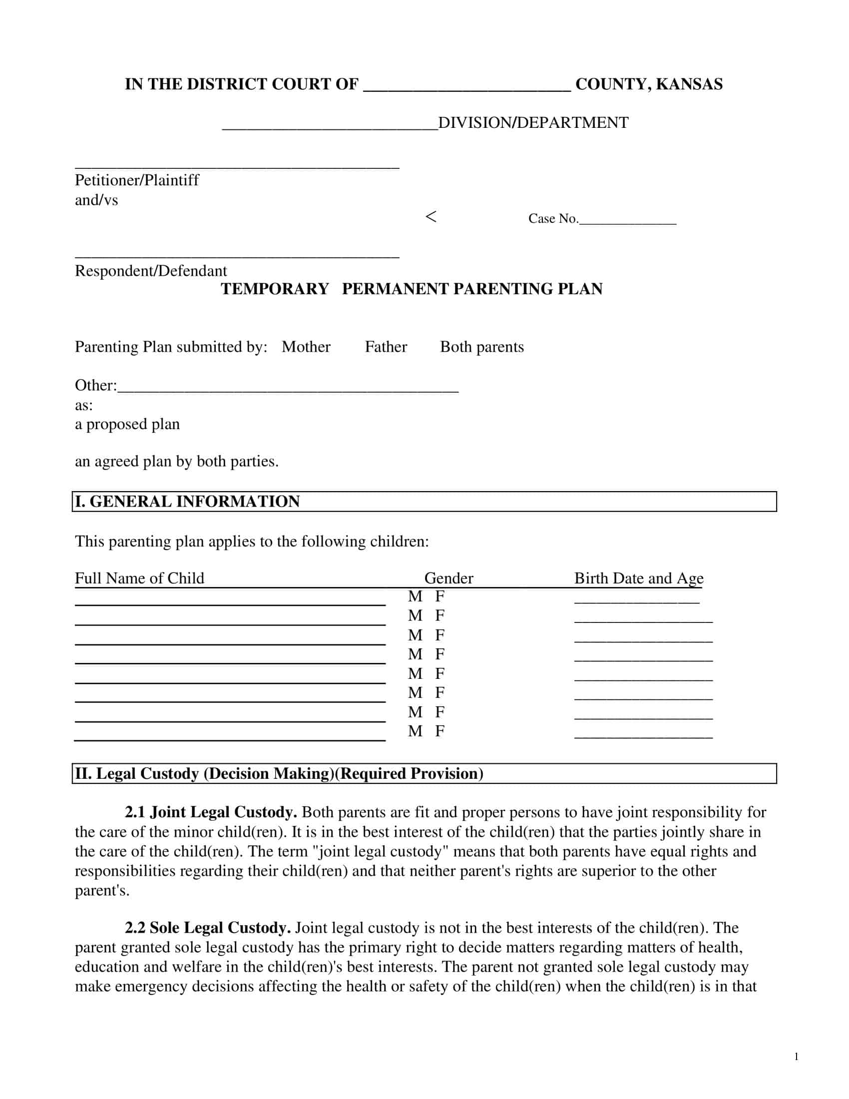 Free Printable Parenting Plan Templates PDF Excel Free Printable Parenting Plan Templates PDF Excel