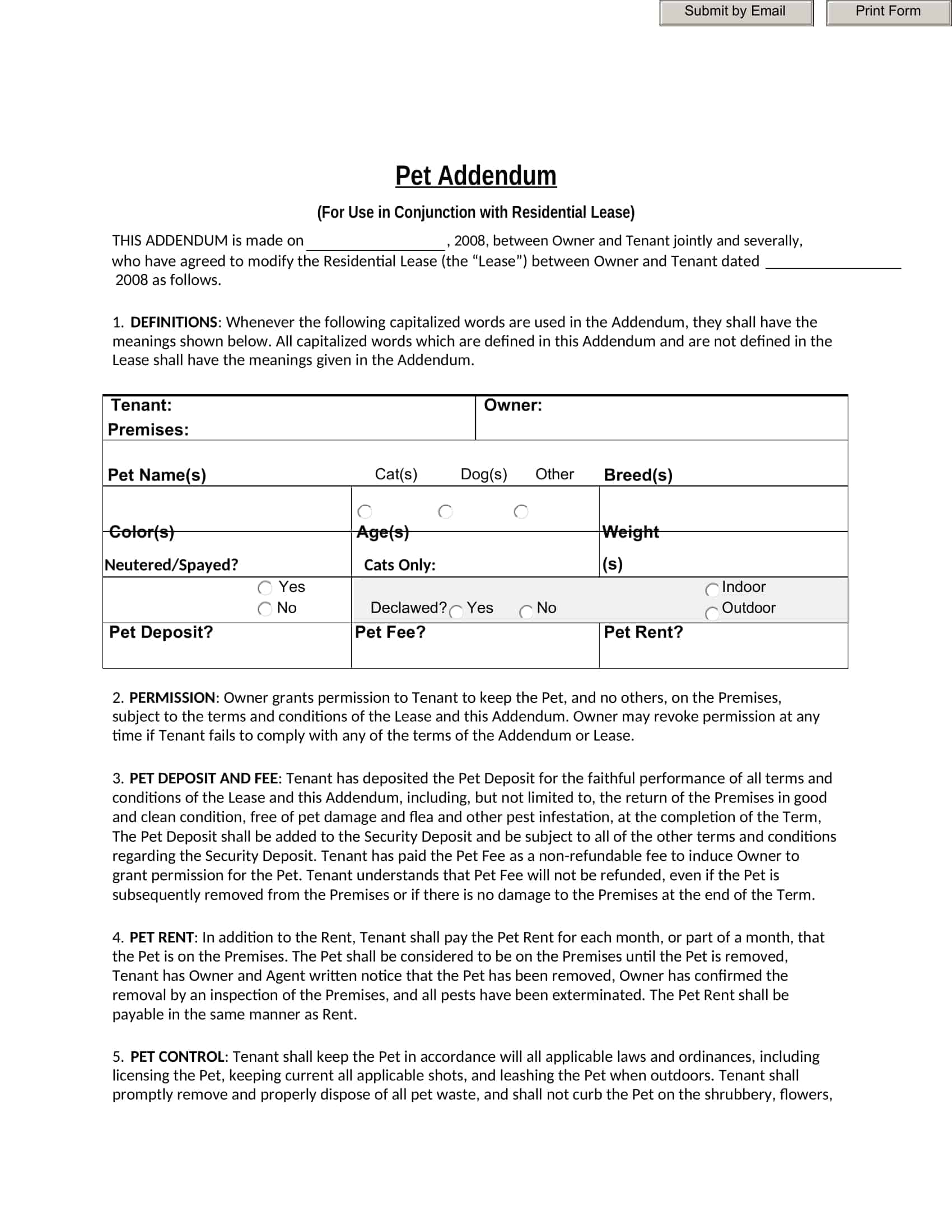 Free Printable Pet Addendum Templates PDF Word Lease Free Printable Pet Addendum Templates PDF Word Lease