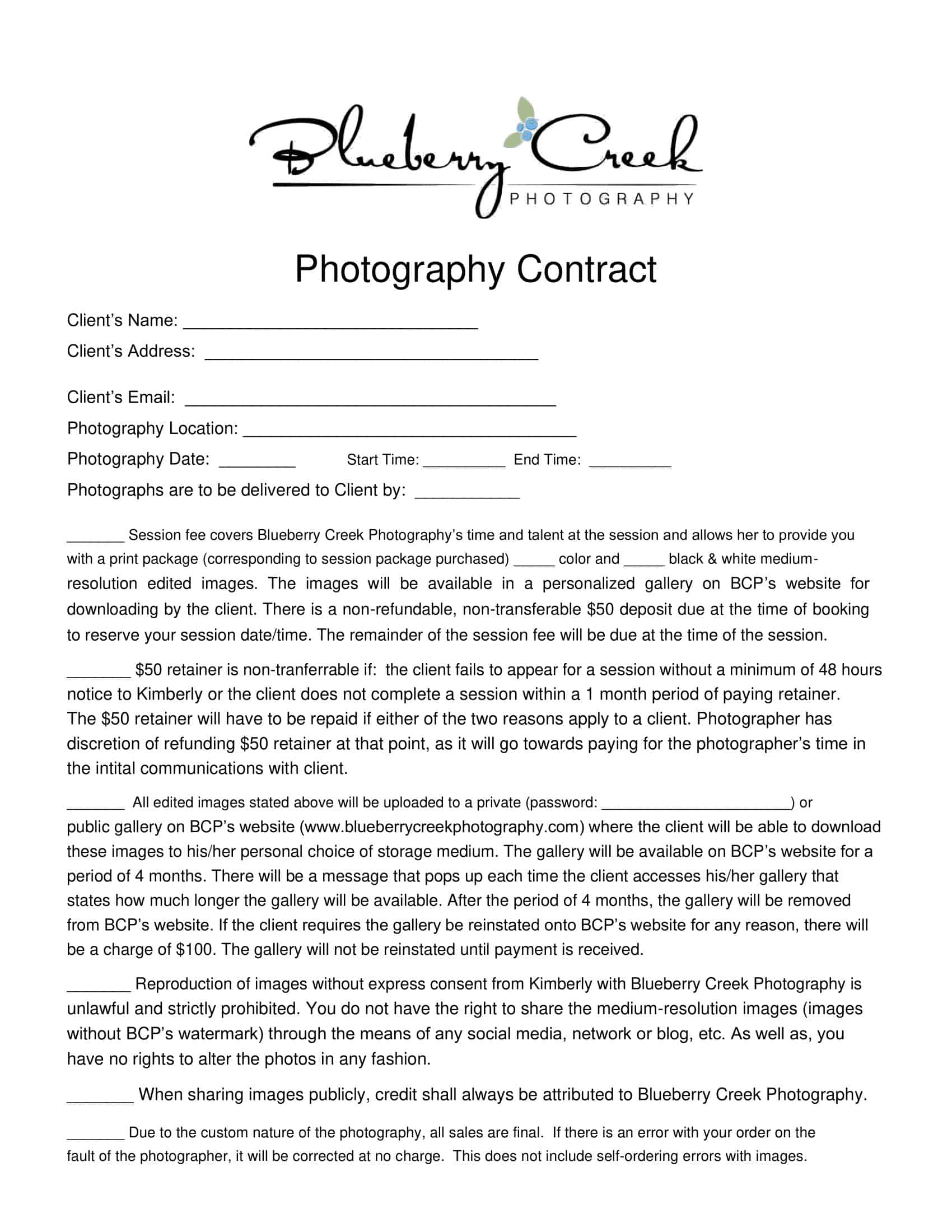 Photography Agreement Template Photography Agreement Template