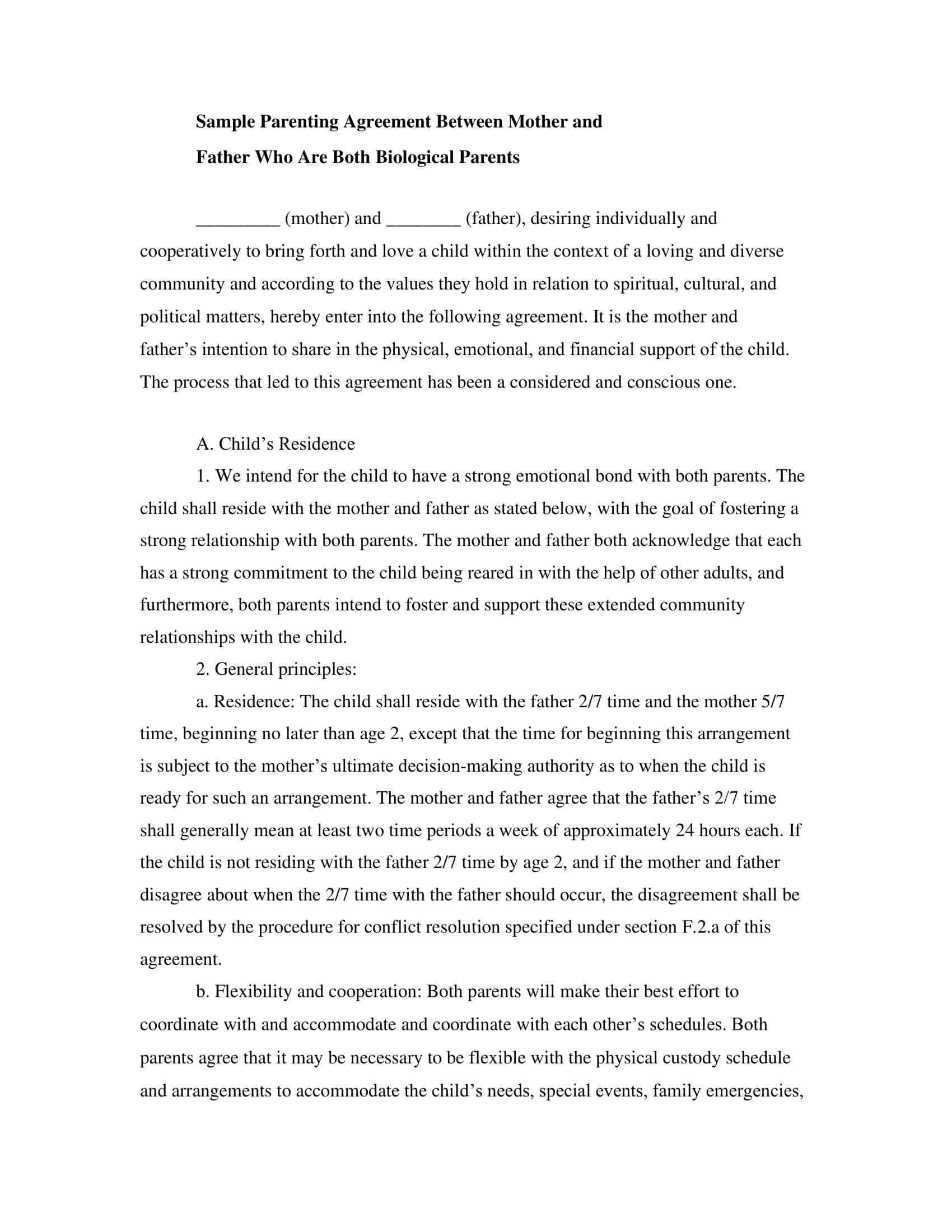 printable co parenting agreement template printable co parenting agreement template