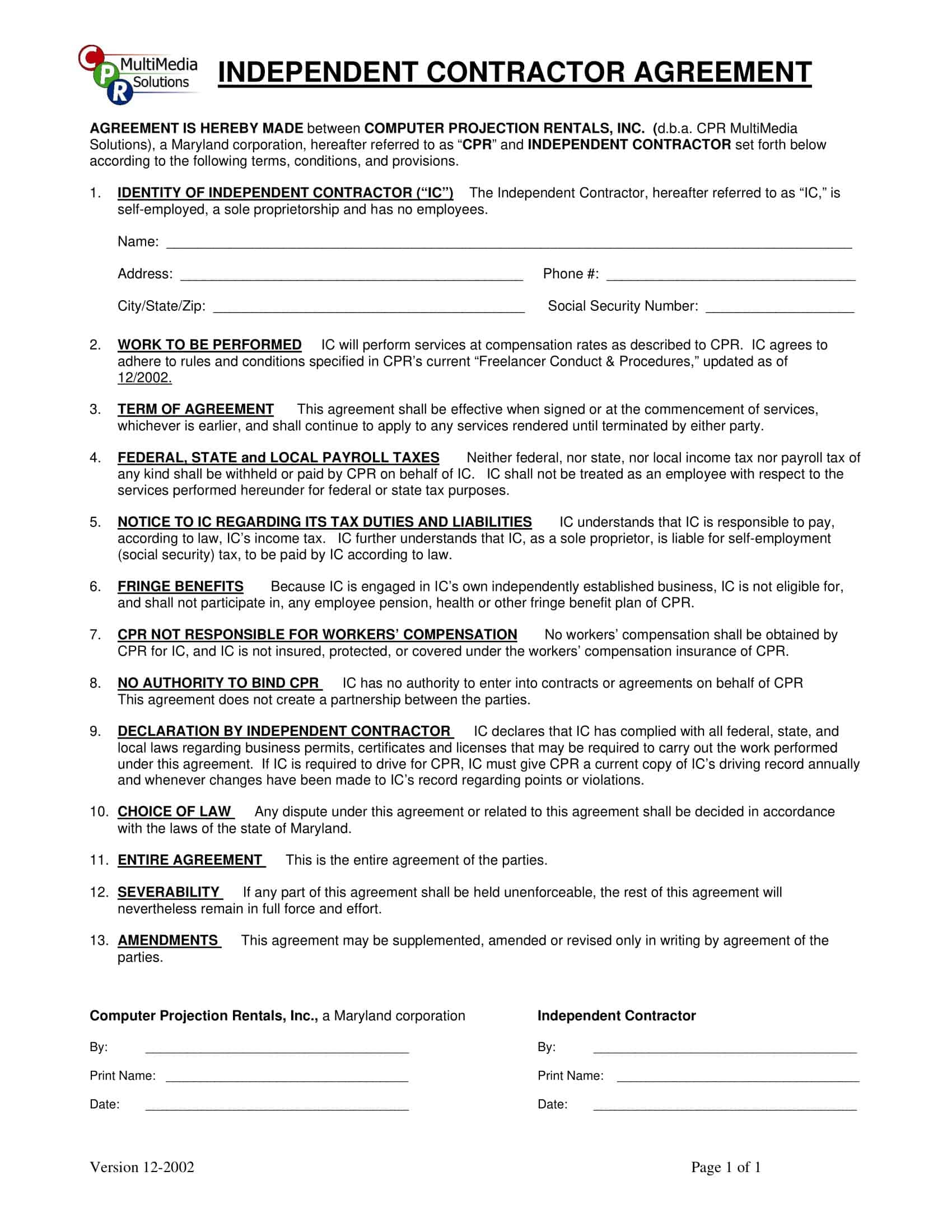 printable independent contractor agreement printable independent contractor agreement
