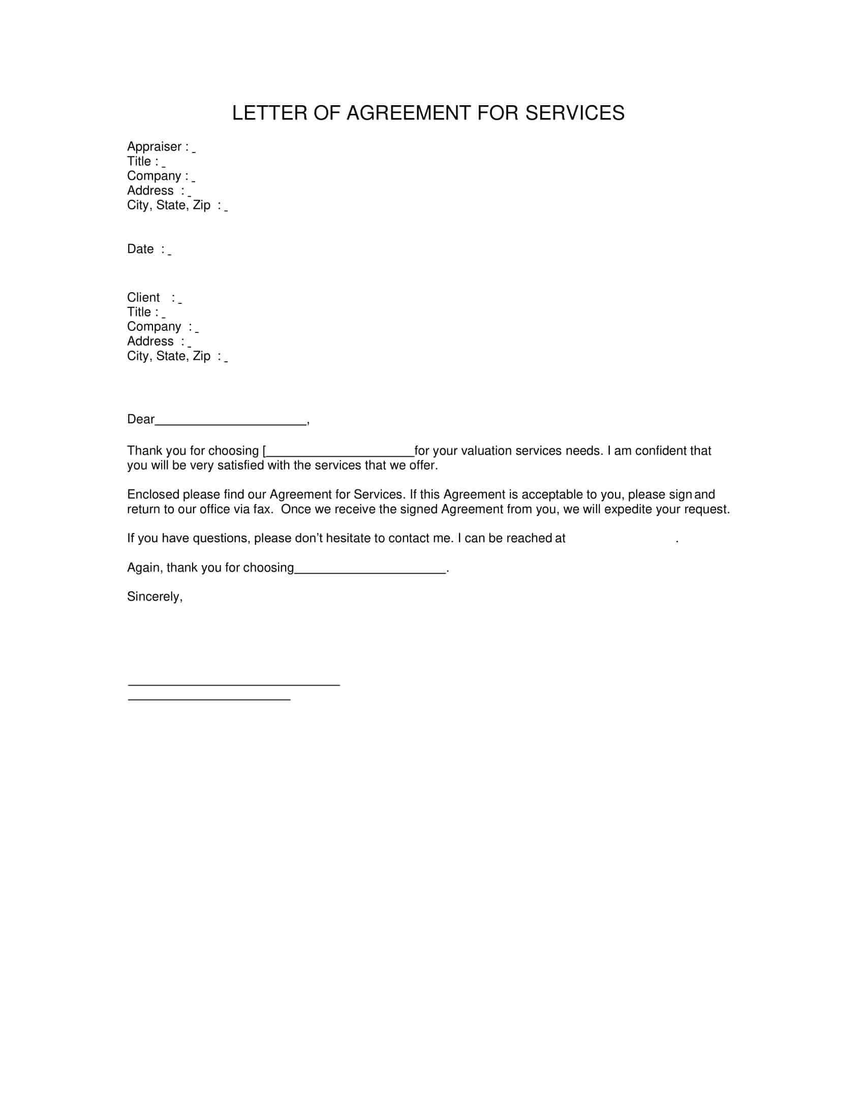 printable letter of agreement template printable letter of agreement template