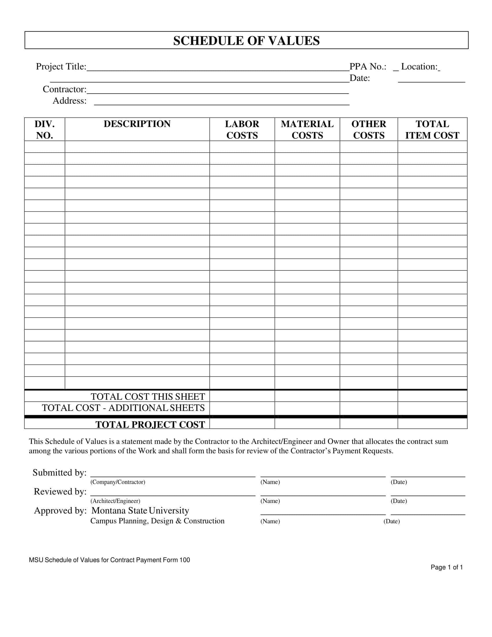 Free Printable Schedule Of Values Templates [PDF, Excel] Construction