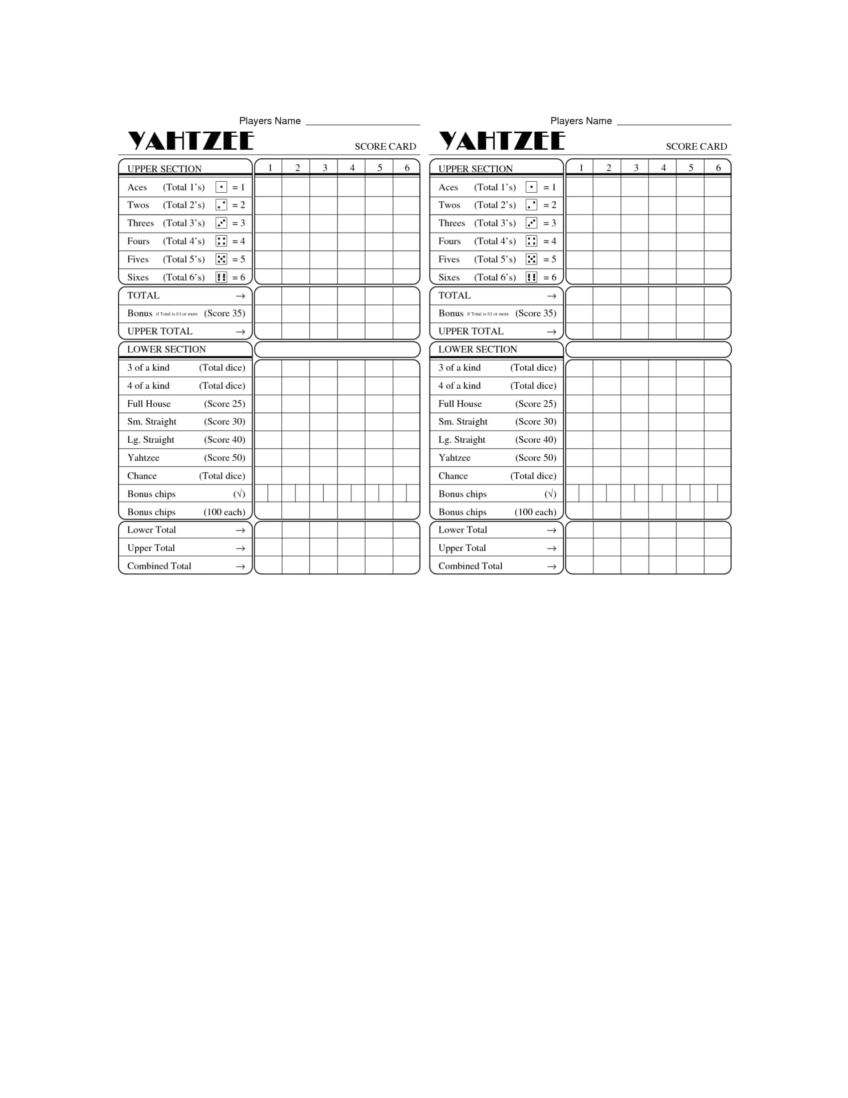 Triple Yahtzee Score Card Printable Triple Yahtzee Score Card Printable