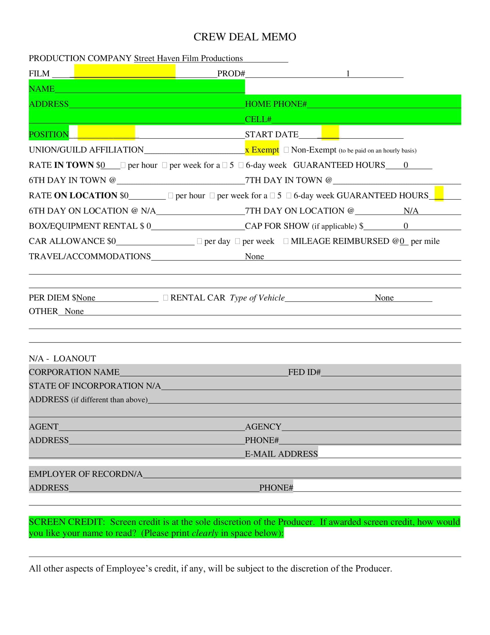 producer deal memo template producer deal memo template
