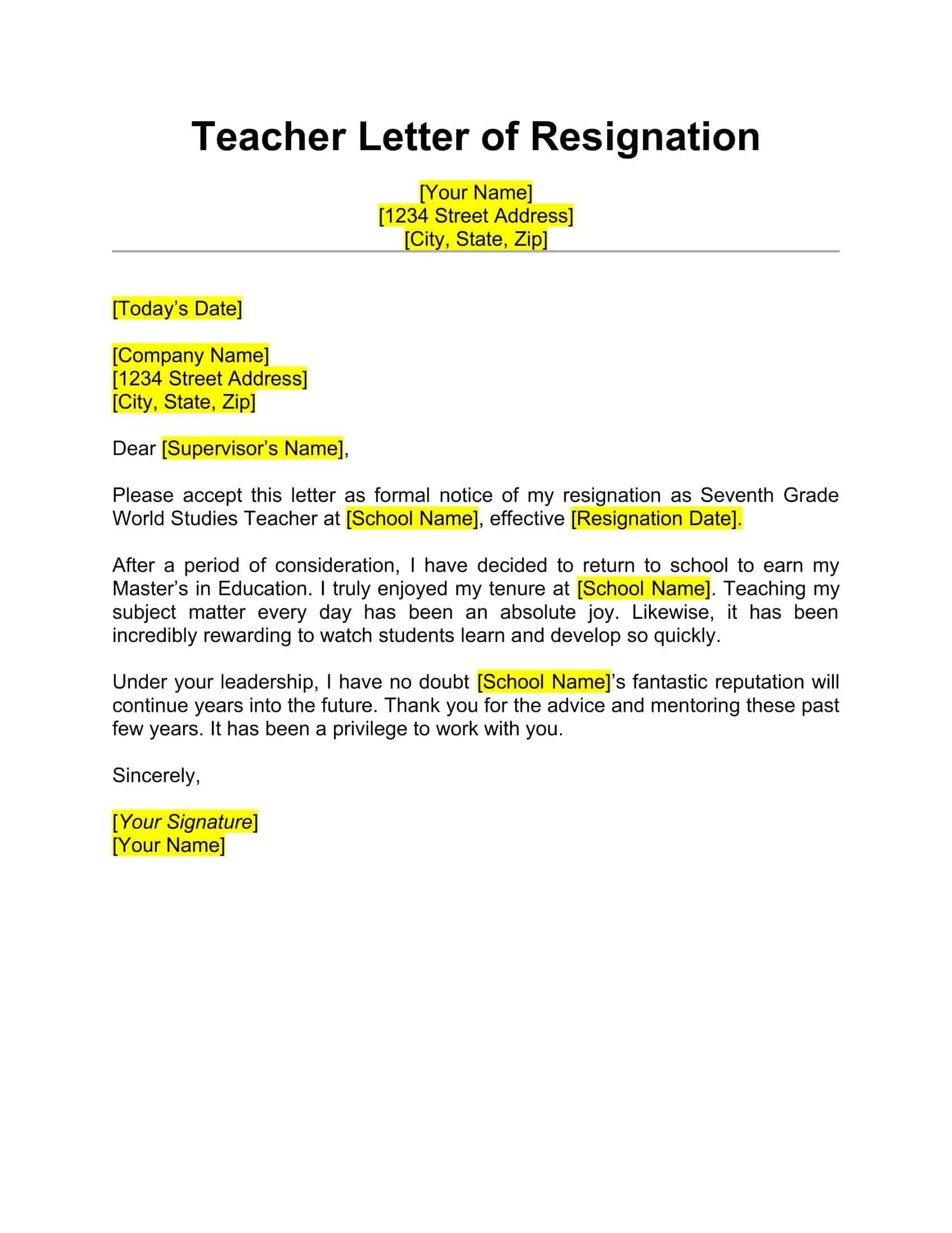 resignation letter teacher resignation letter teacher