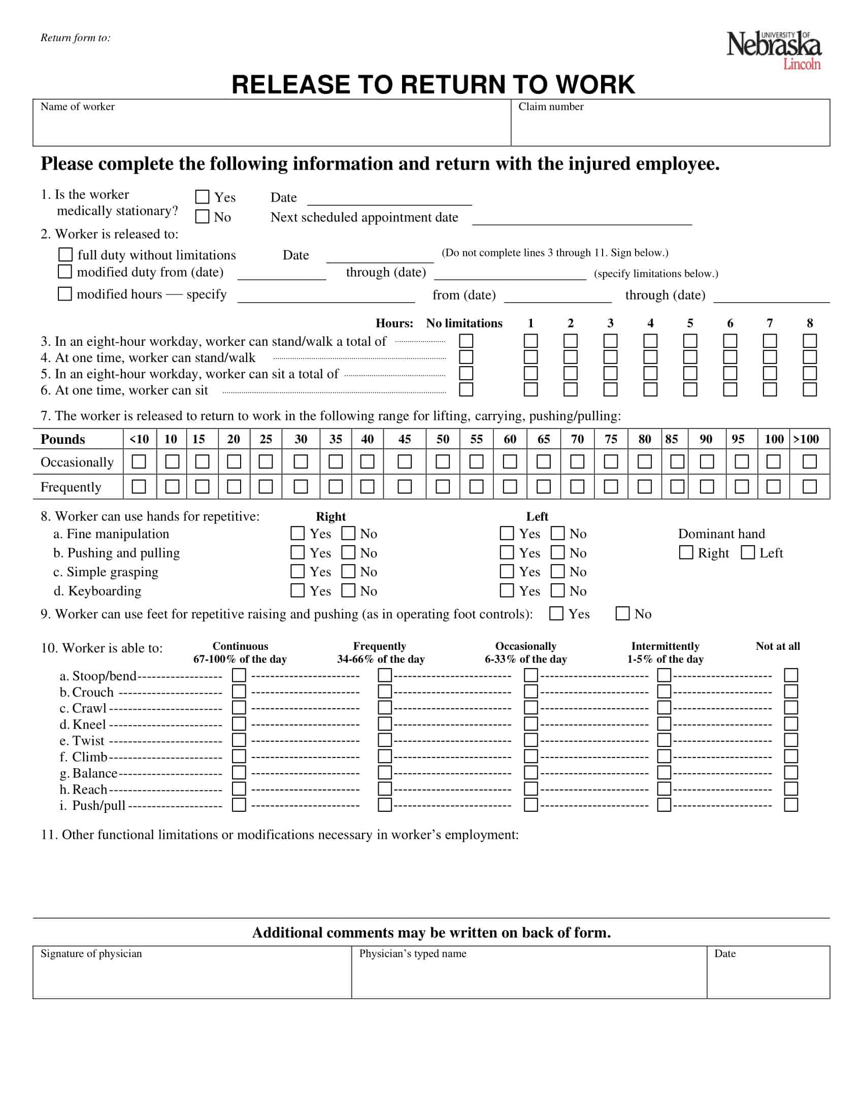 return to work authorization form return to work authorization form