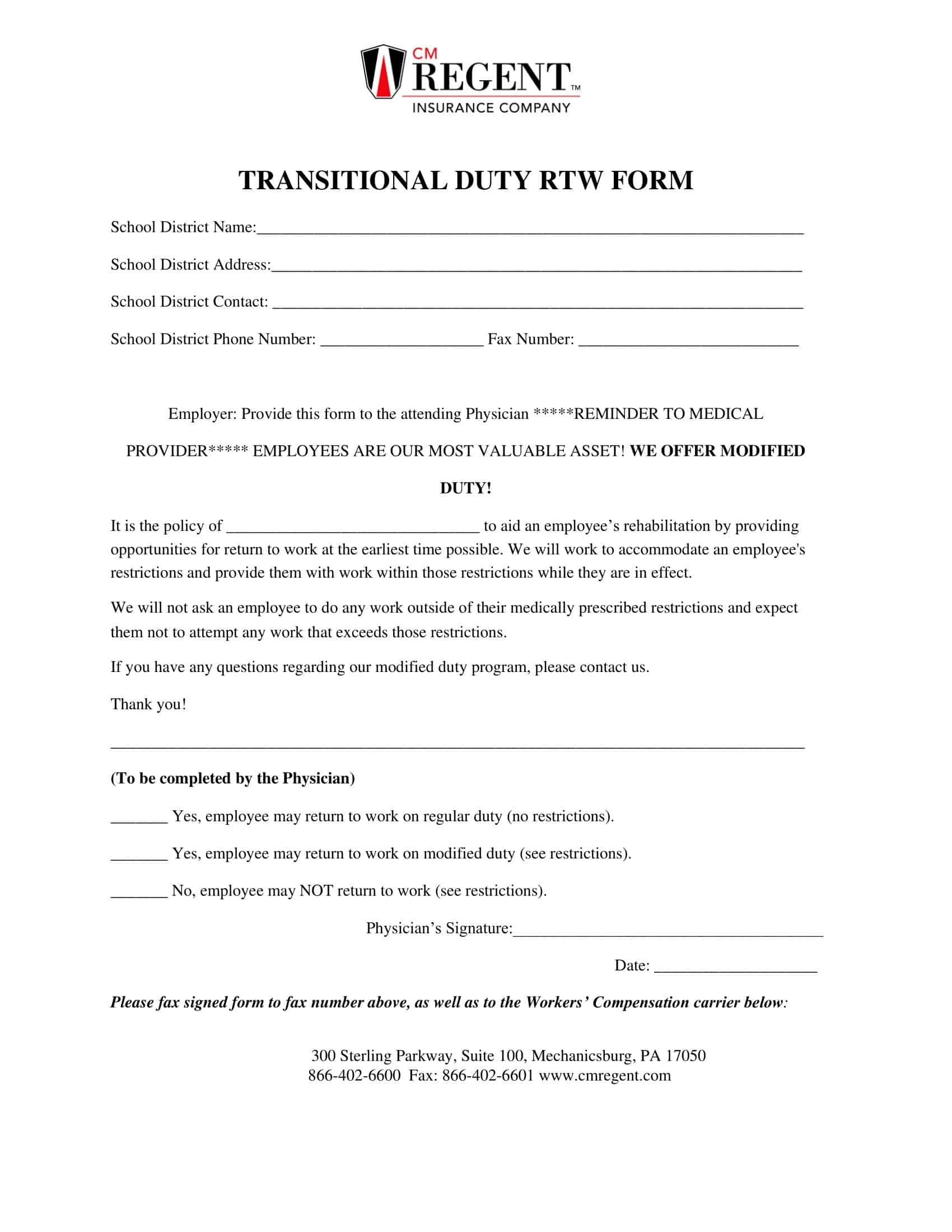 return to work doctor release form return to work doctor release form