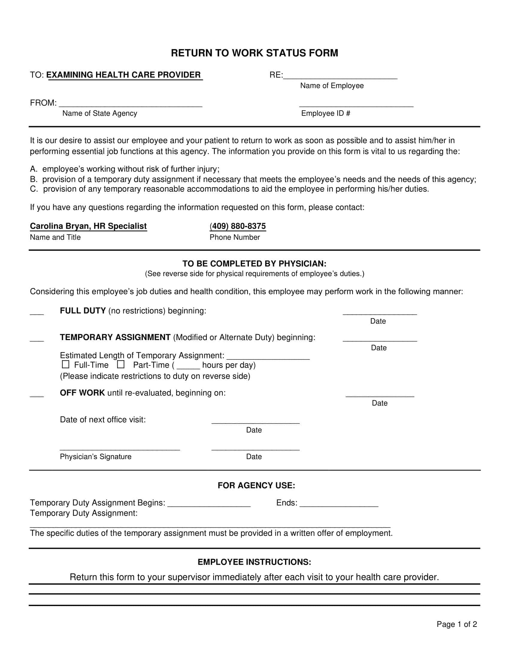 Free Printable Return To Work Templates PDF Word Free Printable Return To Work Templates PDF Word